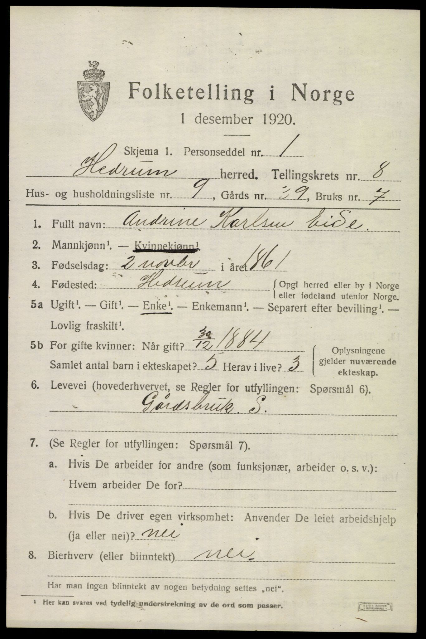 SAKO, 1920 census for Hedrum, 1920, p. 6333