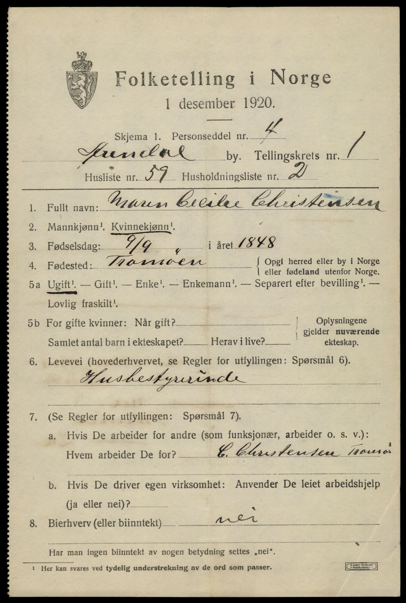 SAK, 1920 census for Arendal, 1920, p. 10004