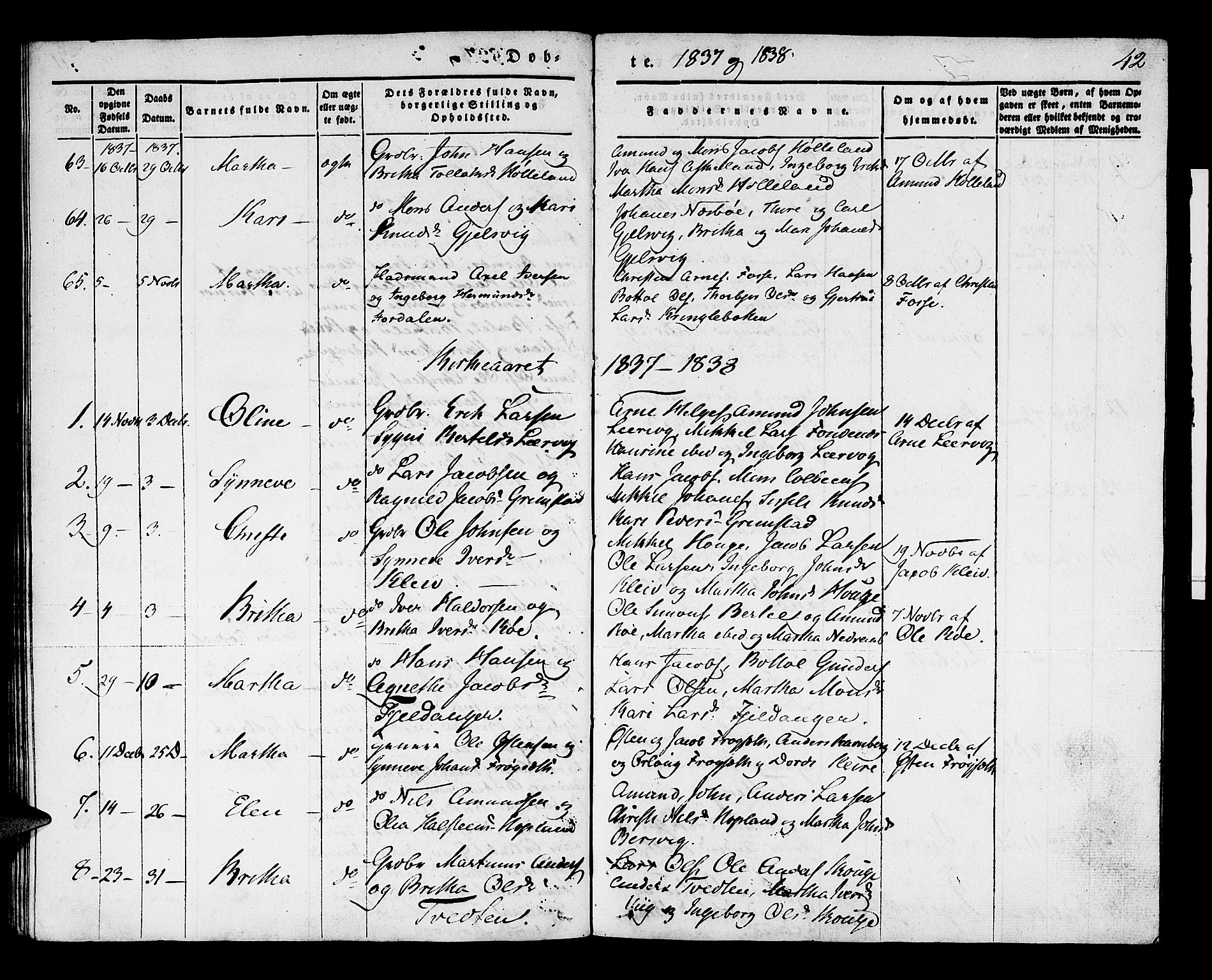 Lindås Sokneprestembete, AV/SAB-A-76701/H/Haa/Haaa/L0009: Parish register (official) no. A 9, 1835-1841, p. 42