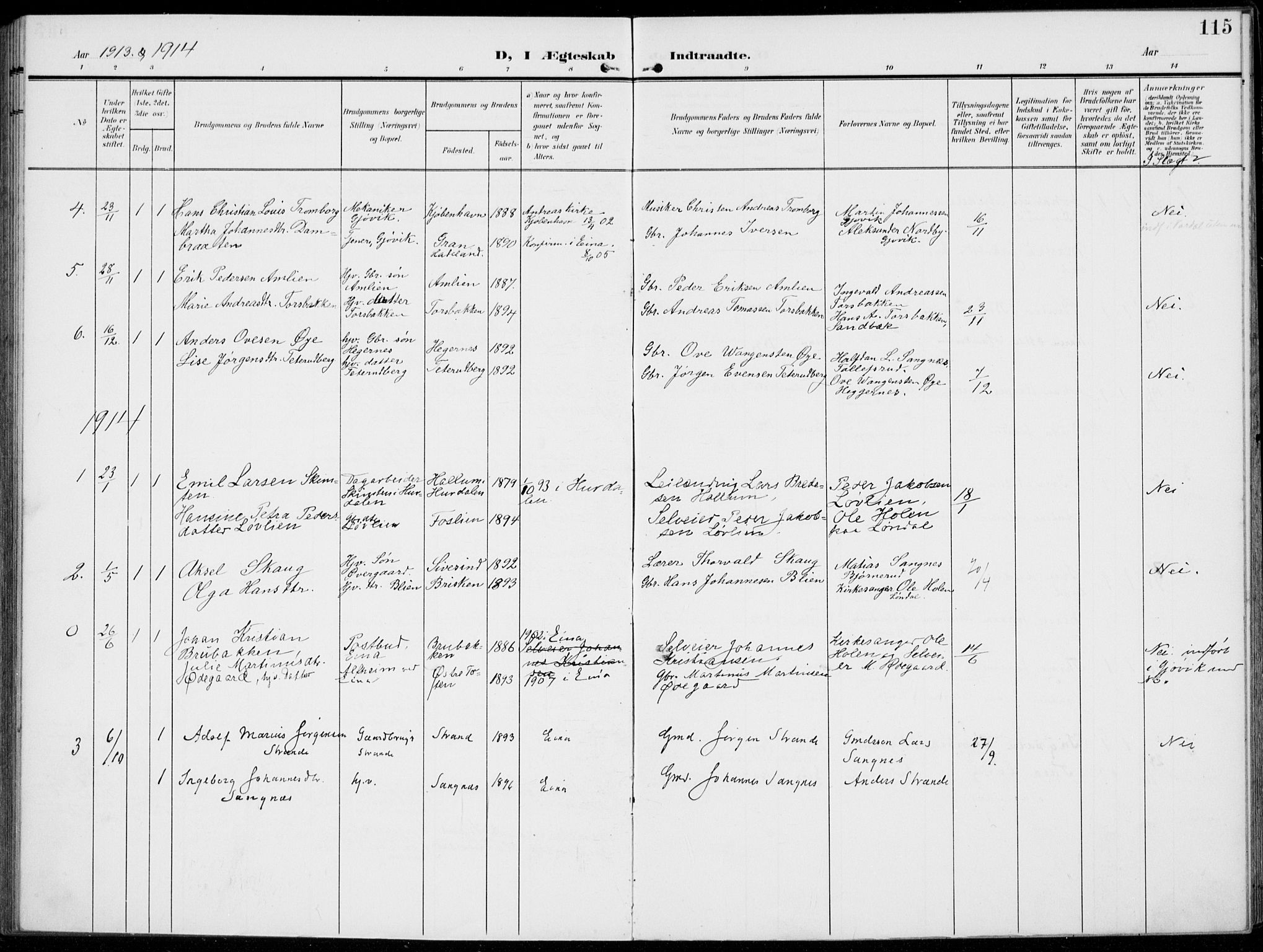 Kolbu prestekontor, SAH/PREST-110/H/Ha/Haa/L0001: Parish register (official) no. 1, 1907-1923, p. 115