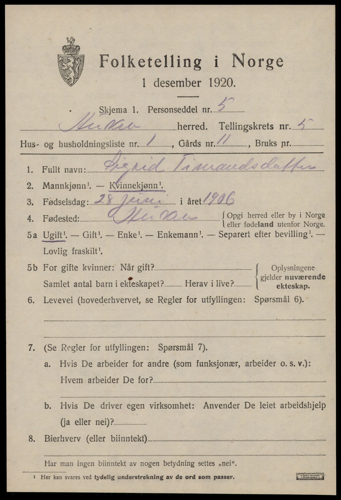 SAT, 1920 census for Aukra, 1920, p. 3285