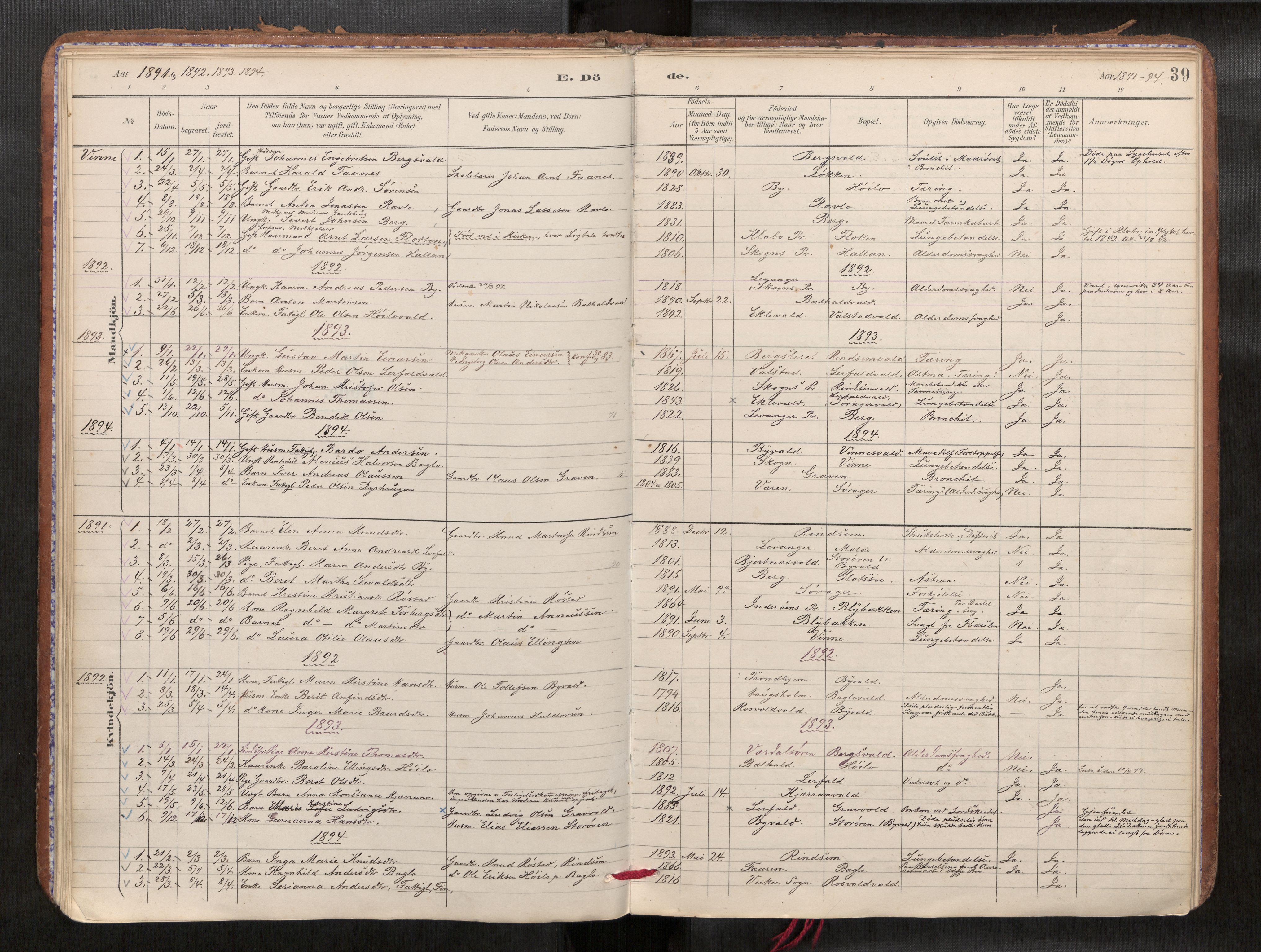 Verdal sokneprestkontor, SAT/A-1156/2/H/Haa/L0002: Parish register (official) no. 2, 1891-1907, p. 39