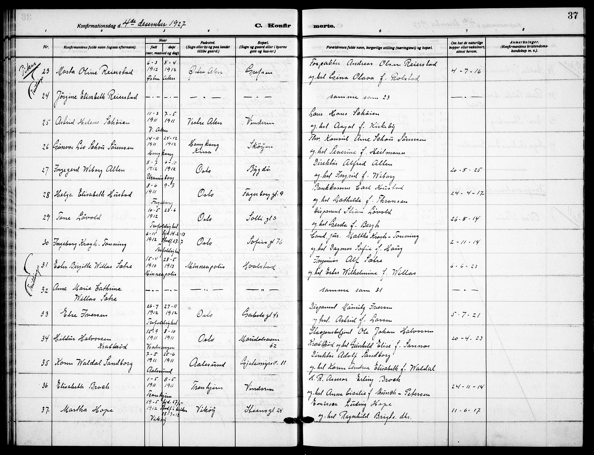 Garnisonsmenigheten Kirkebøker, AV/SAO-A-10846/F/Fa/L0017: Parish register (official) no. 17, 1926-1937, p. 37