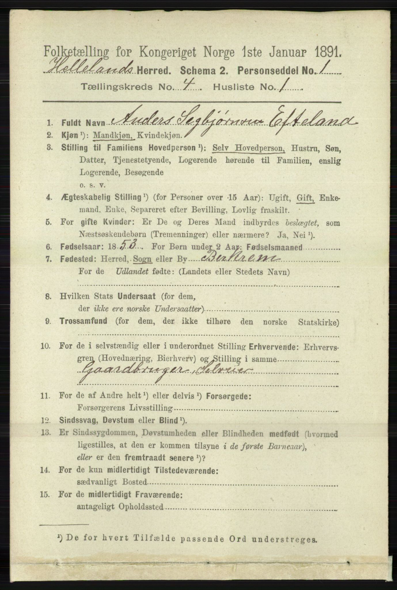 RA, 1891 census for 1115 Helleland, 1891, p. 1154