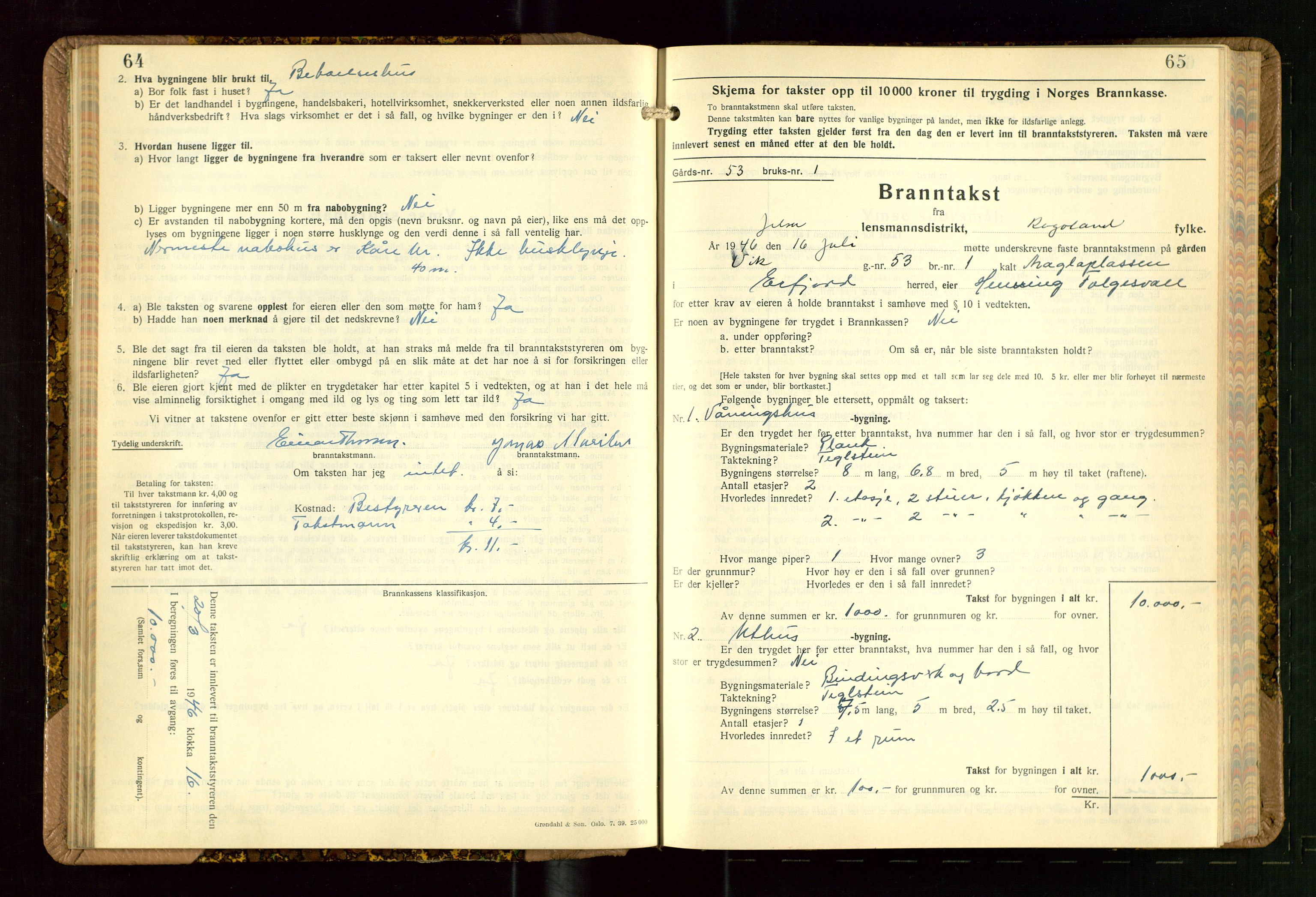 Jelsa lensmannskontor, AV/SAST-A-100360/Gob/L0003: "Branntakstprotokoll", 1942-1955, p. 64-65