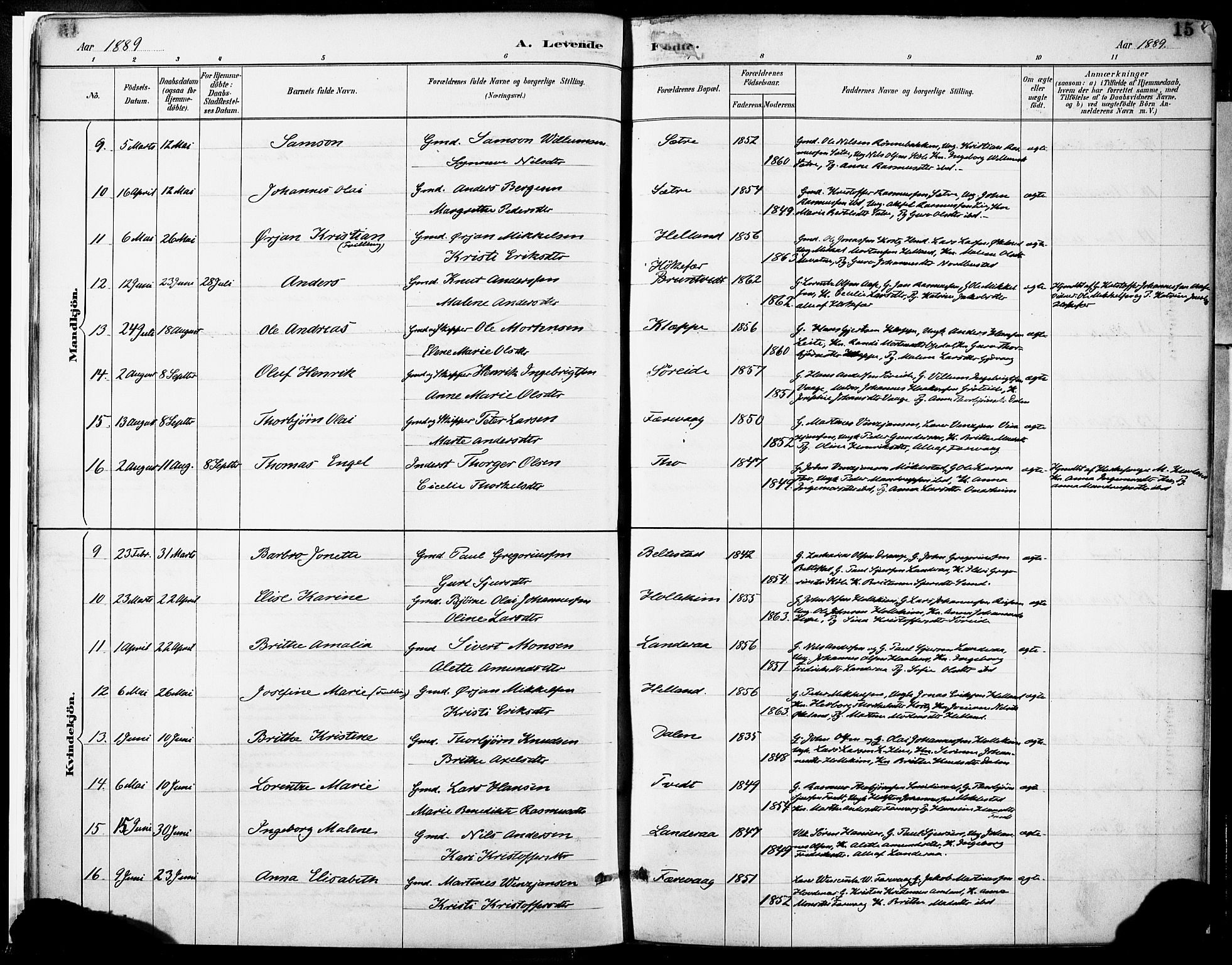 Tysnes sokneprestembete, SAB/A-78601/H/Haa: Parish register (official) no. D 1, 1887-1904, p. 15