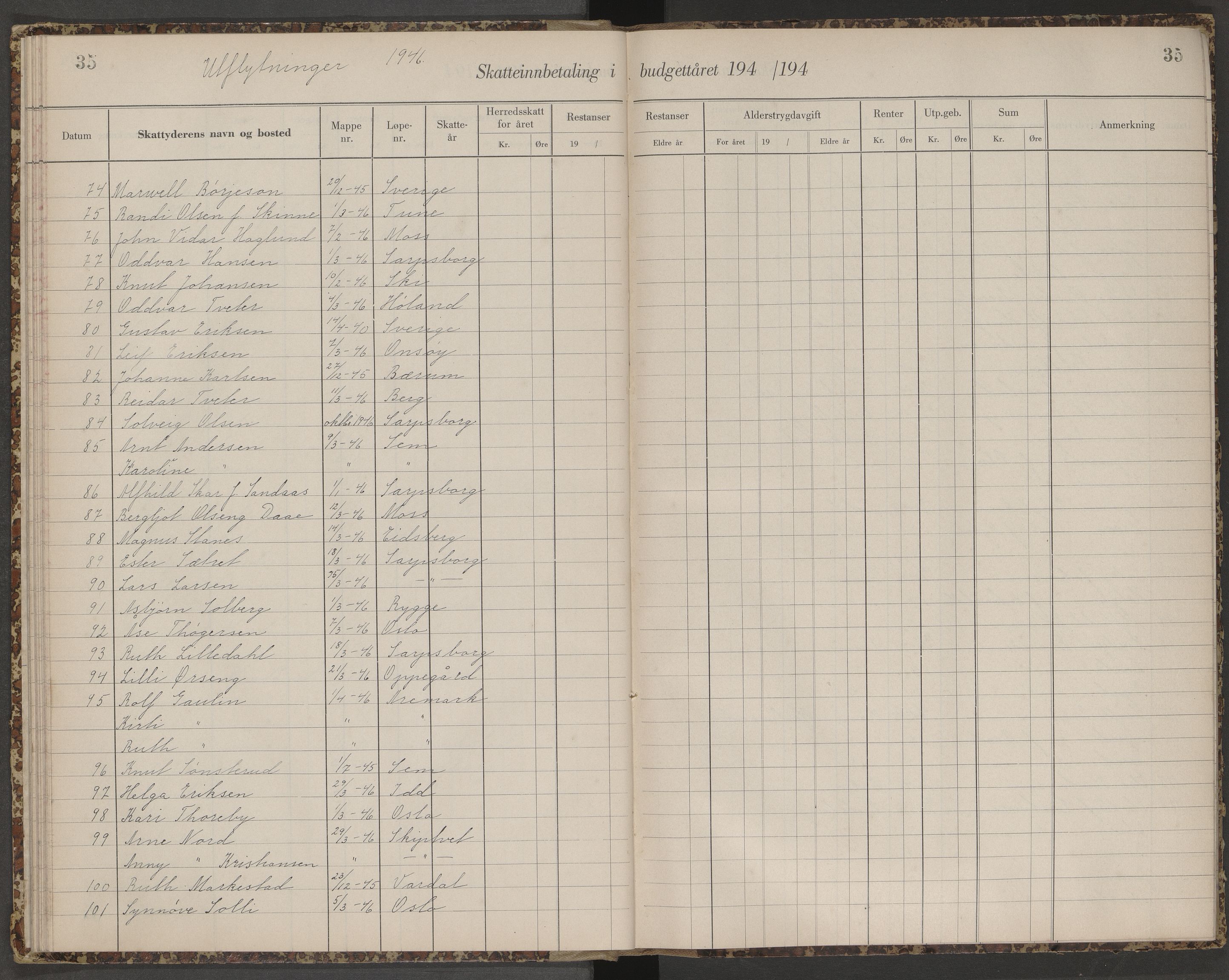 Skjeberg folkeregister, AV/SAO-A-10495/K/Ka/L0003: Fortegnelse over inn- og utflyttede, 1943-1947, p. 35