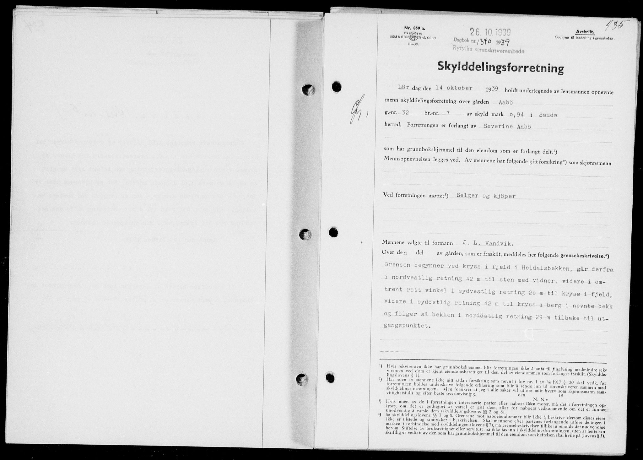 Ryfylke tingrett, AV/SAST-A-100055/001/II/IIB/L0080: Mortgage book no. 59, 1939-1939, Diary no: : 1340/1939