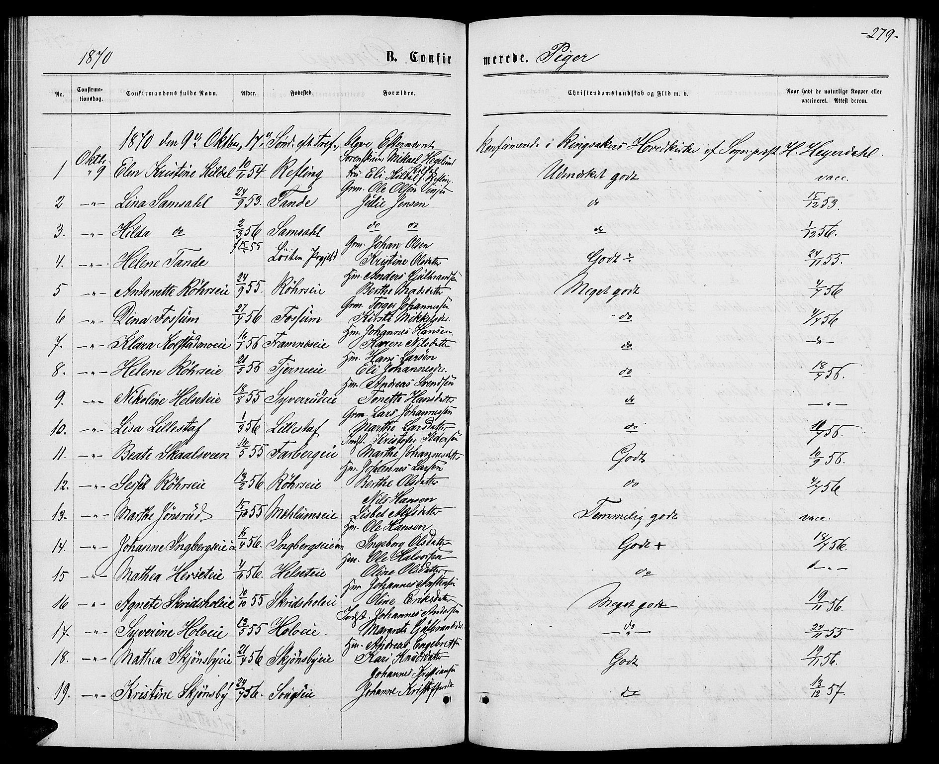 Ringsaker prestekontor, SAH/PREST-014/L/La/L0008: Parish register (copy) no. 8, 1870-1878, p. 279