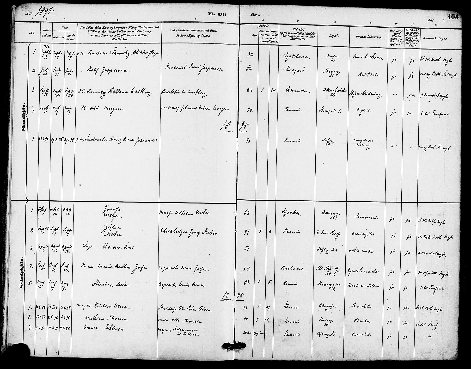 Gamle Aker prestekontor Kirkebøker, SAO/A-10617a/F/L0008: Parish register (official) no. 8, 1887-1896, p. 403