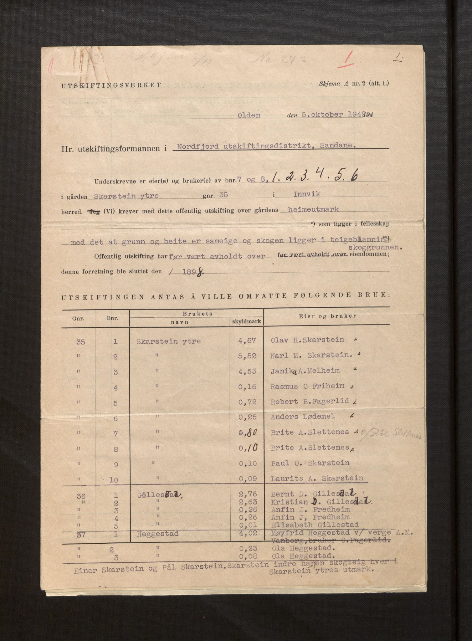 Sogn og Fjordane jordskiftedøme - I Nordfjord jordskiftedistrikt, AV/SAB-A-6001/B/L0099: Jordskiftedokument, 1943-1954, p. 3