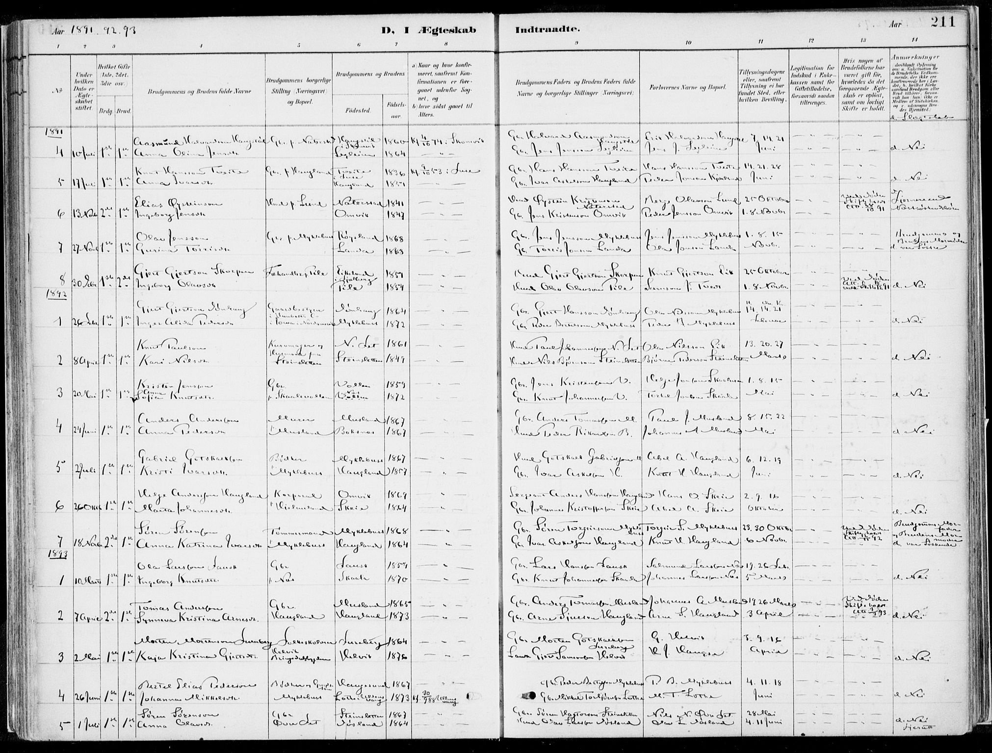 Kvinnherad sokneprestembete, SAB/A-76401/H/Haa: Parish register (official) no. B  1, 1887-1921, p. 211