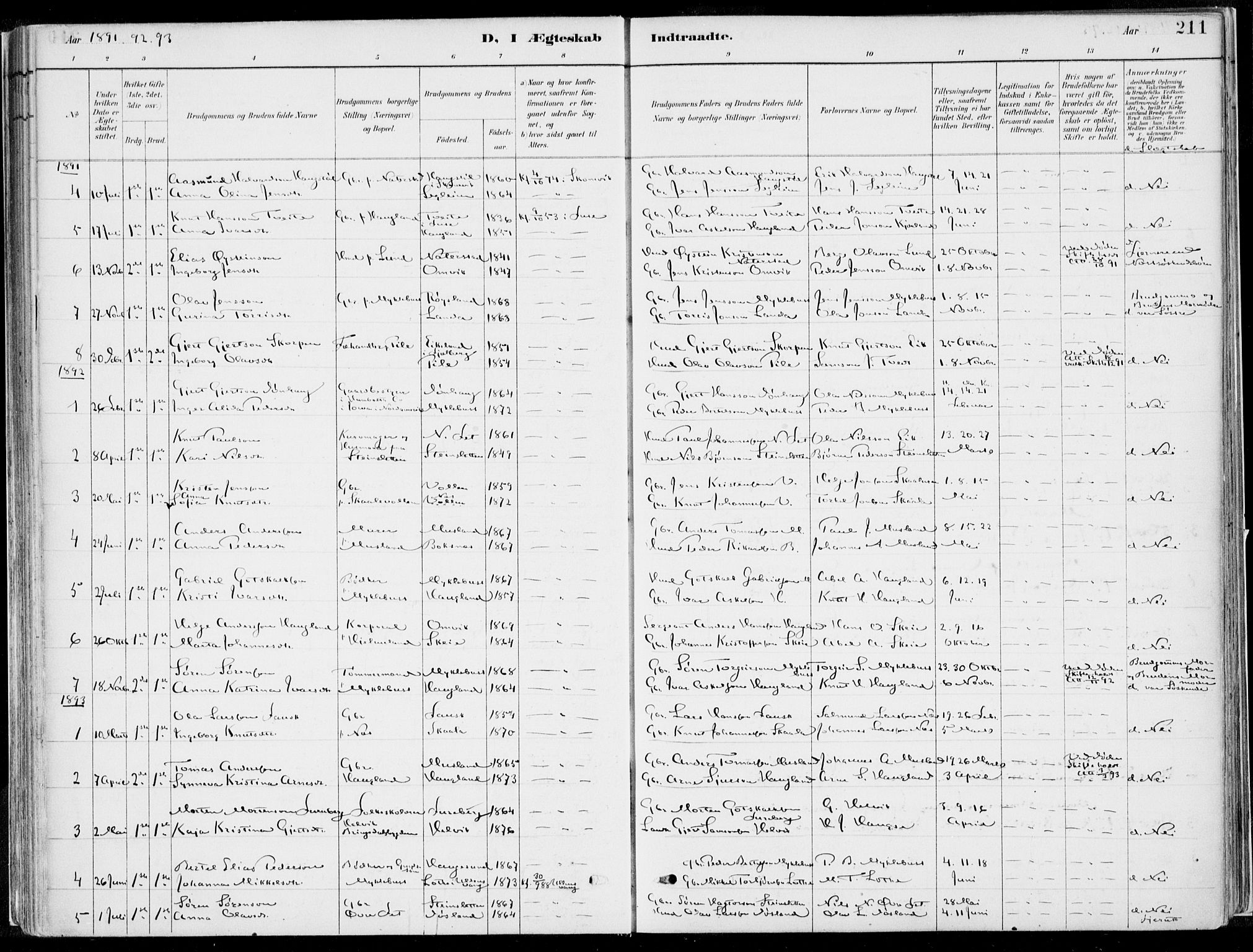 Kvinnherad sokneprestembete, AV/SAB-A-76401/H/Haa: Parish register (official) no. B  1, 1887-1921, p. 211