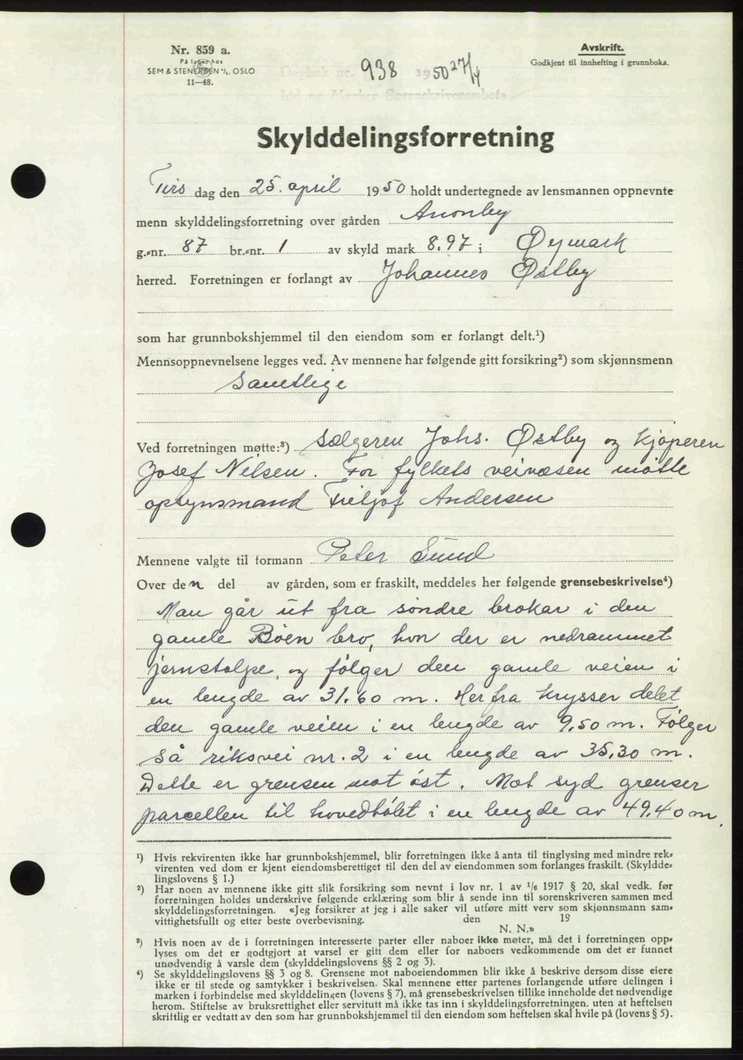 Idd og Marker sorenskriveri, AV/SAO-A-10283/G/Gb/Gbb/L0014: Mortgage book no. A14, 1950-1950, Diary no: : 938/1950