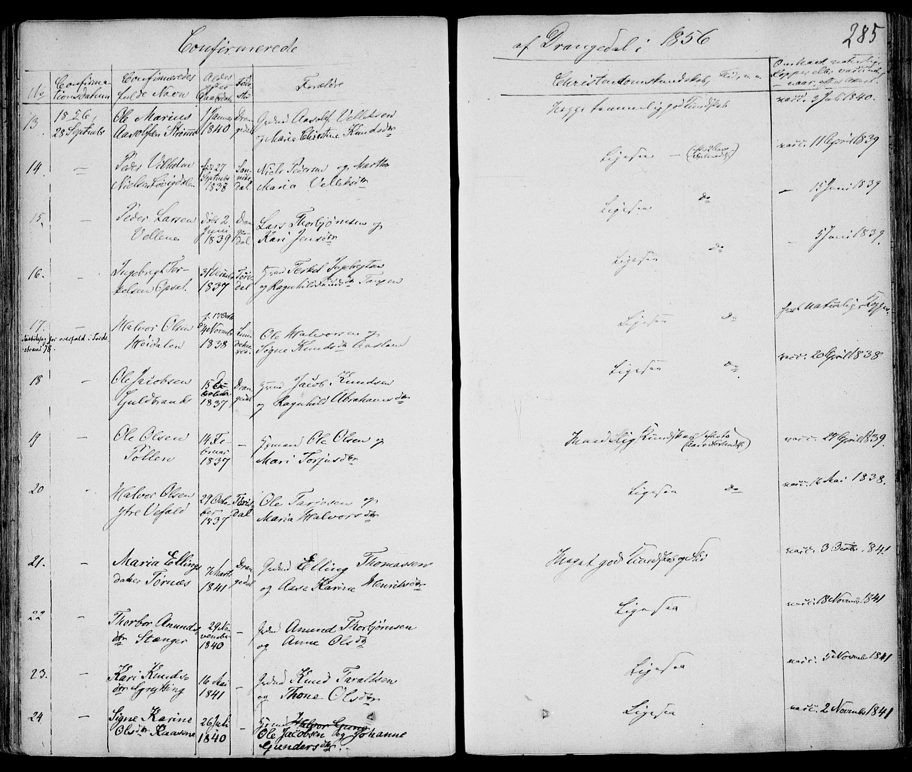 Drangedal kirkebøker, AV/SAKO-A-258/F/Fa/L0007a: Parish register (official) no. 7a, 1837-1856, p. 285