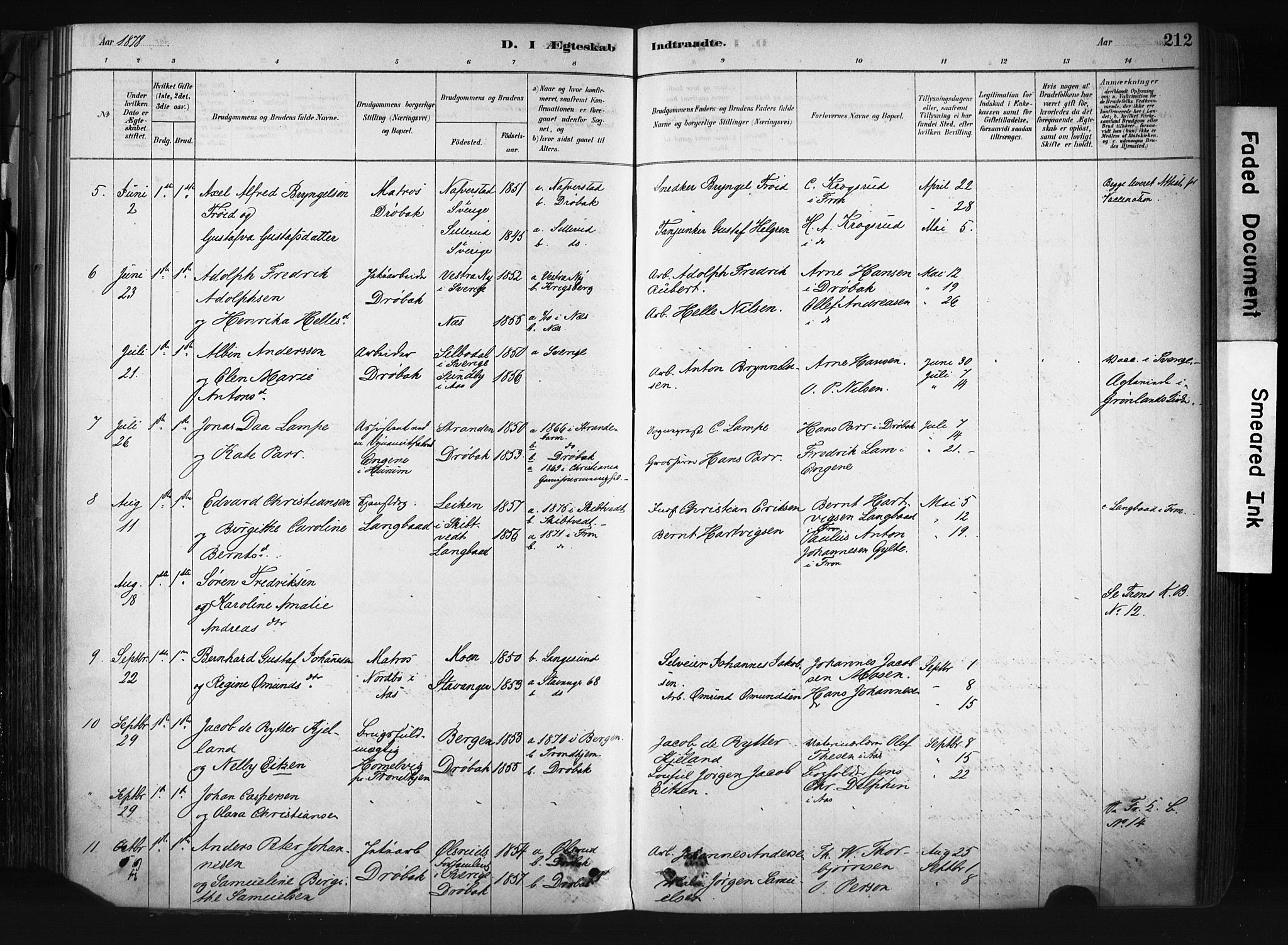 Drøbak prestekontor Kirkebøker, SAO/A-10142a/F/Fb/L0001: Parish register (official) no. II 1, 1878-1891, p. 212