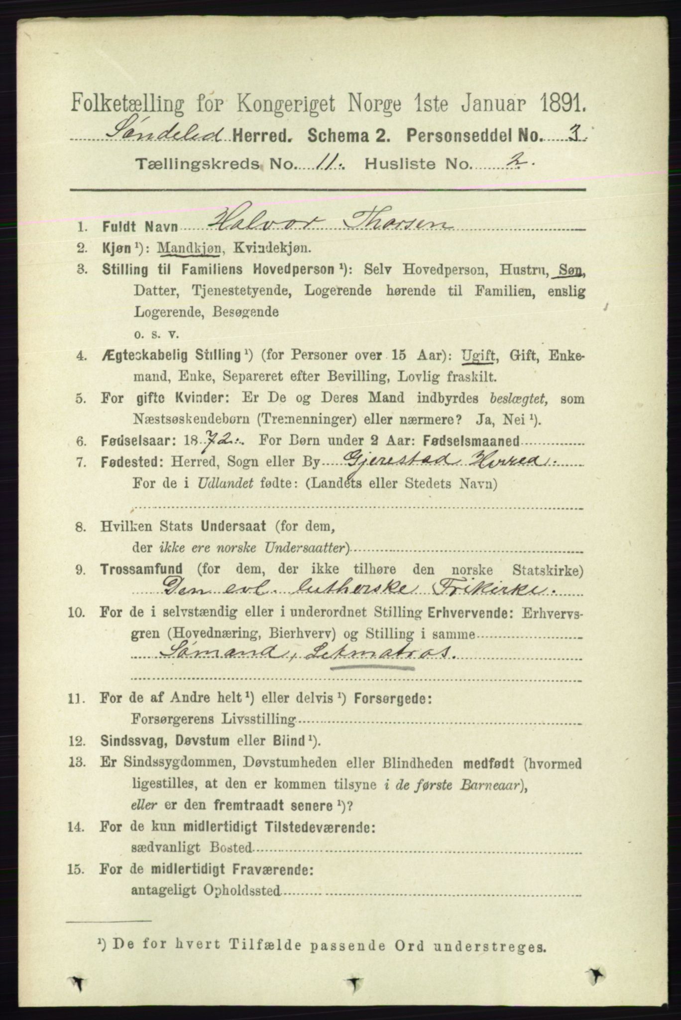 RA, 1891 census for 0913 Søndeled, 1891, p. 3297