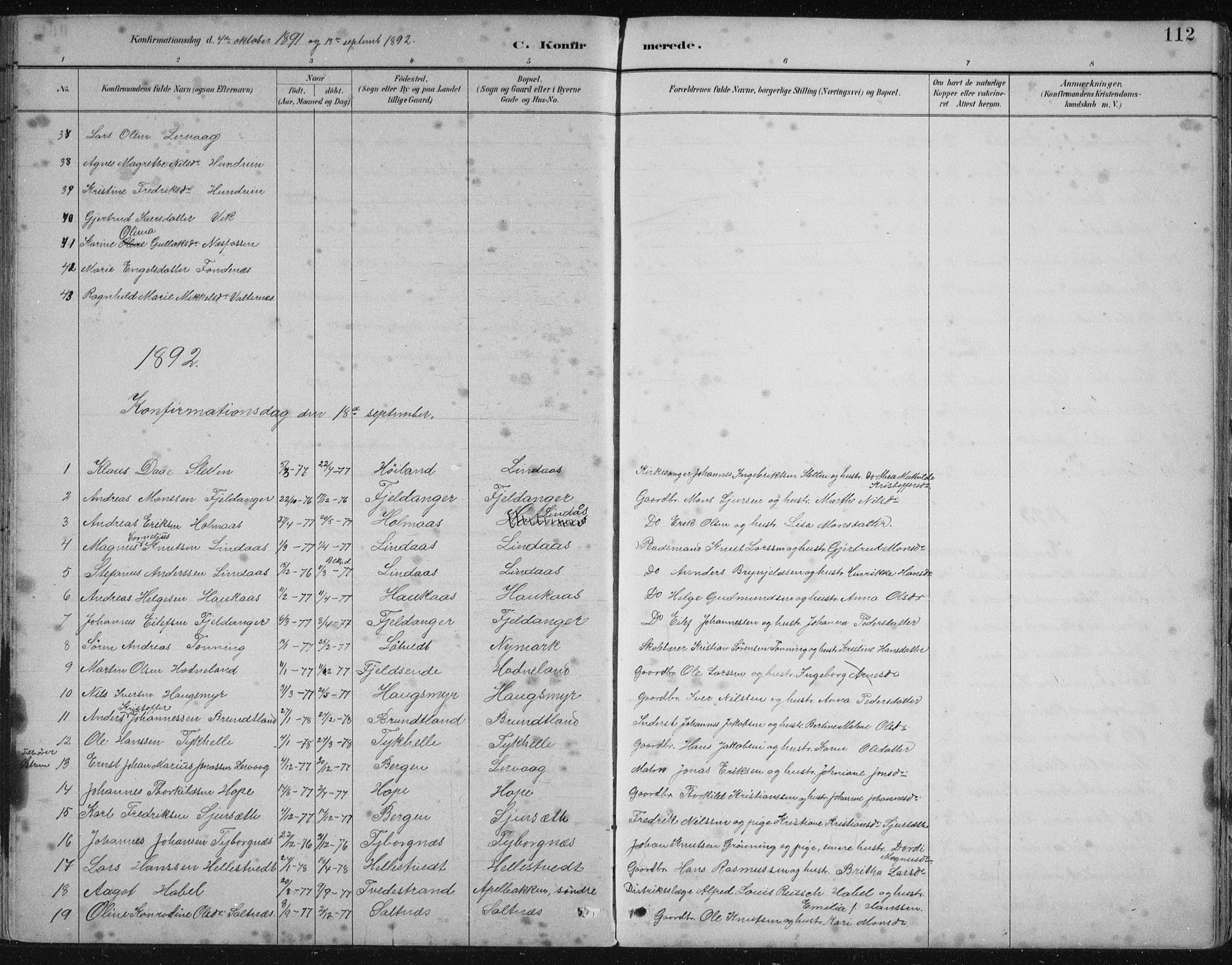 Lindås Sokneprestembete, SAB/A-76701/H/Hab: Parish register (copy) no. B 3, 1886-1914, p. 112
