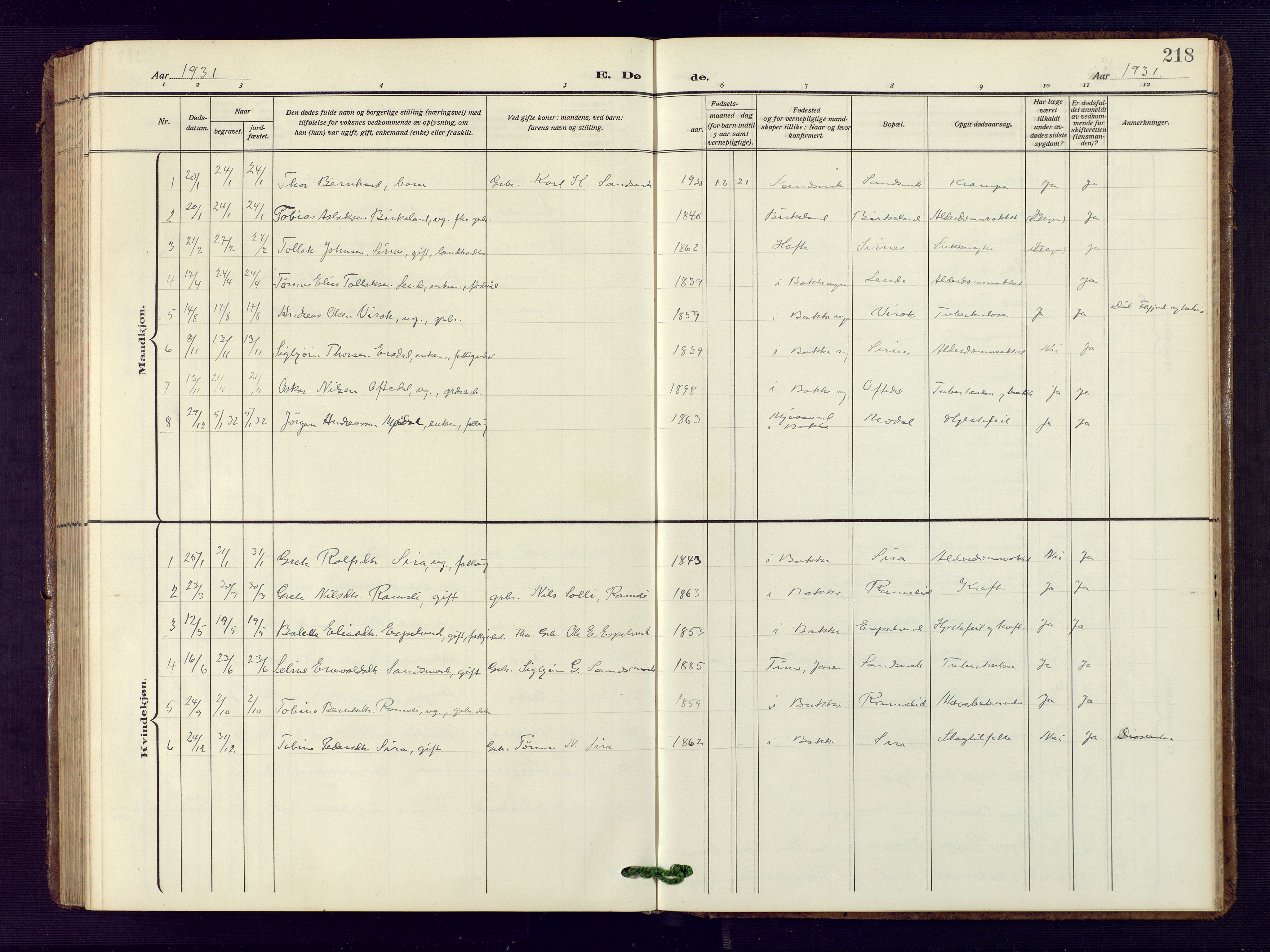 Bakke sokneprestkontor, SAK/1111-0002/F/Fb/Fba/L0004: Parish register (copy) no. B 4, 1911-1946, p. 218