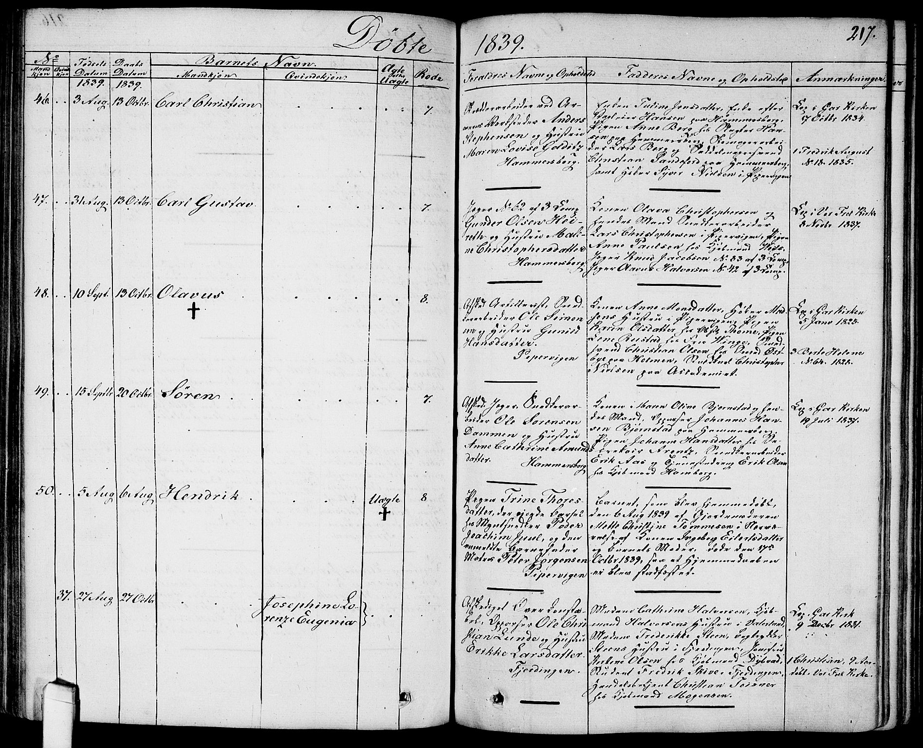 Garnisonsmenigheten Kirkebøker, AV/SAO-A-10846/G/Ga/L0004: Parish register (copy) no. 4, 1828-1840, p. 217