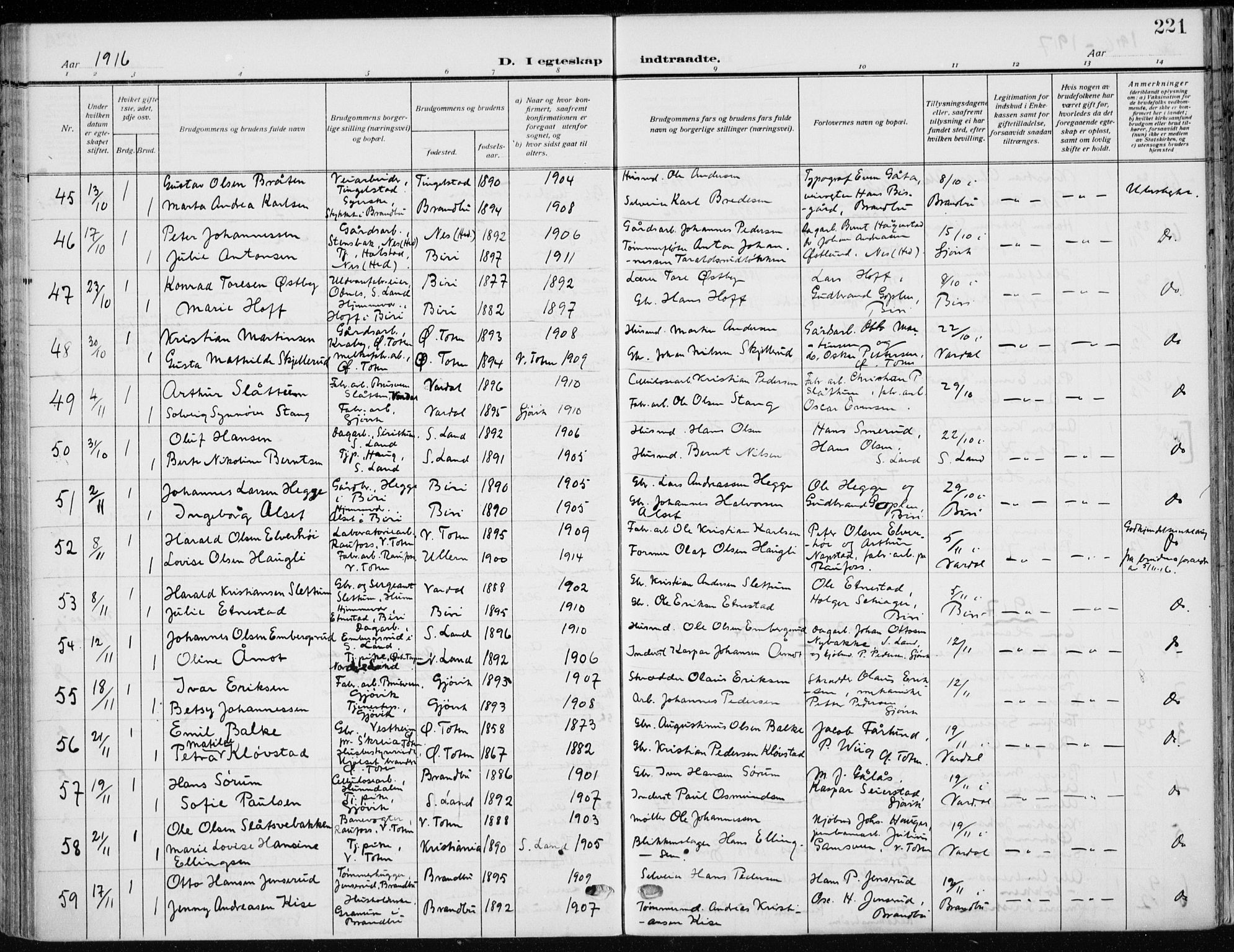 Vardal prestekontor, SAH/PREST-100/H/Ha/Haa/L0014: Parish register (official) no. 14, 1912-1922, p. 221