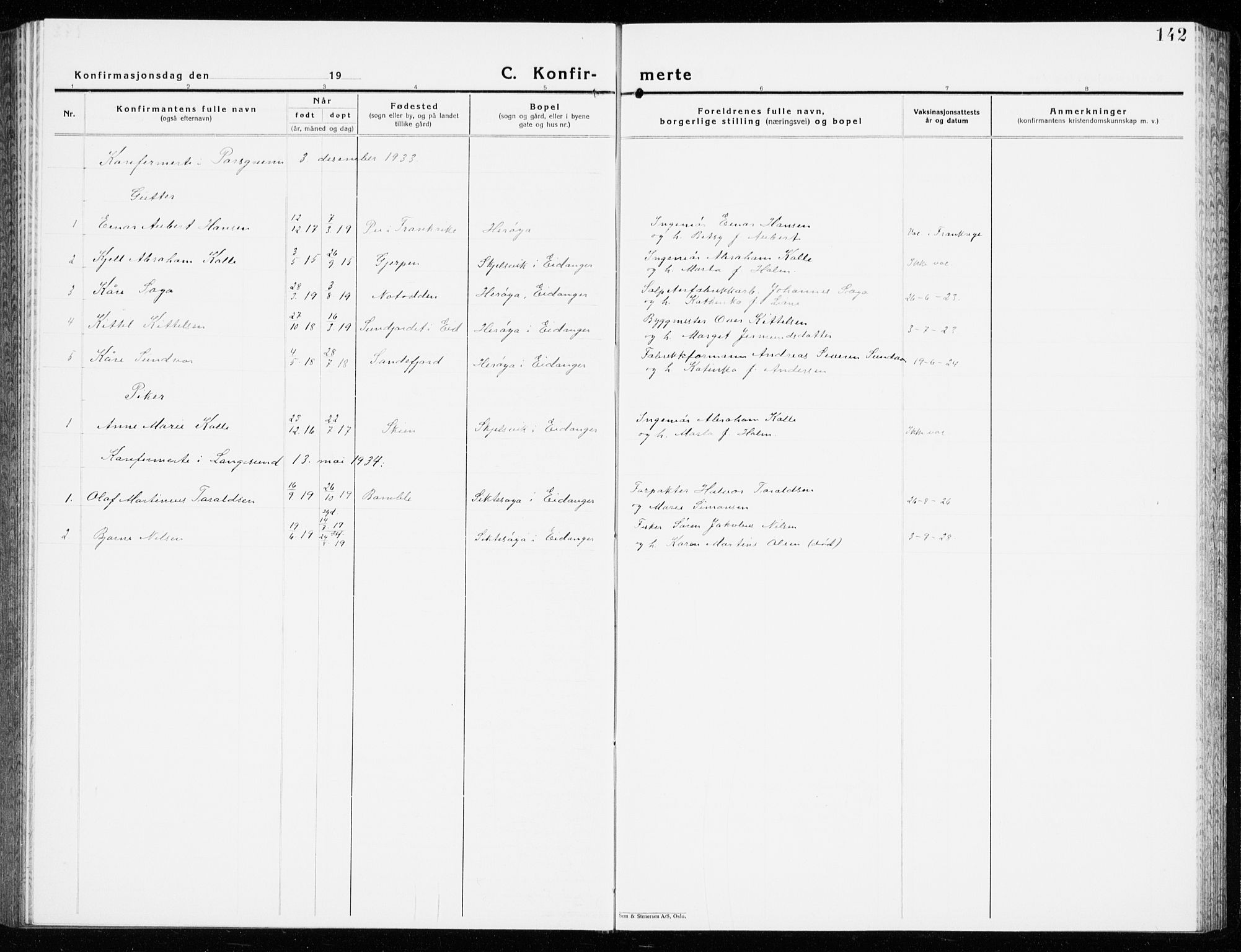 Eidanger kirkebøker, AV/SAKO-A-261/G/Ga/L0005: Parish register (copy) no. 5, 1928-1942, p. 142