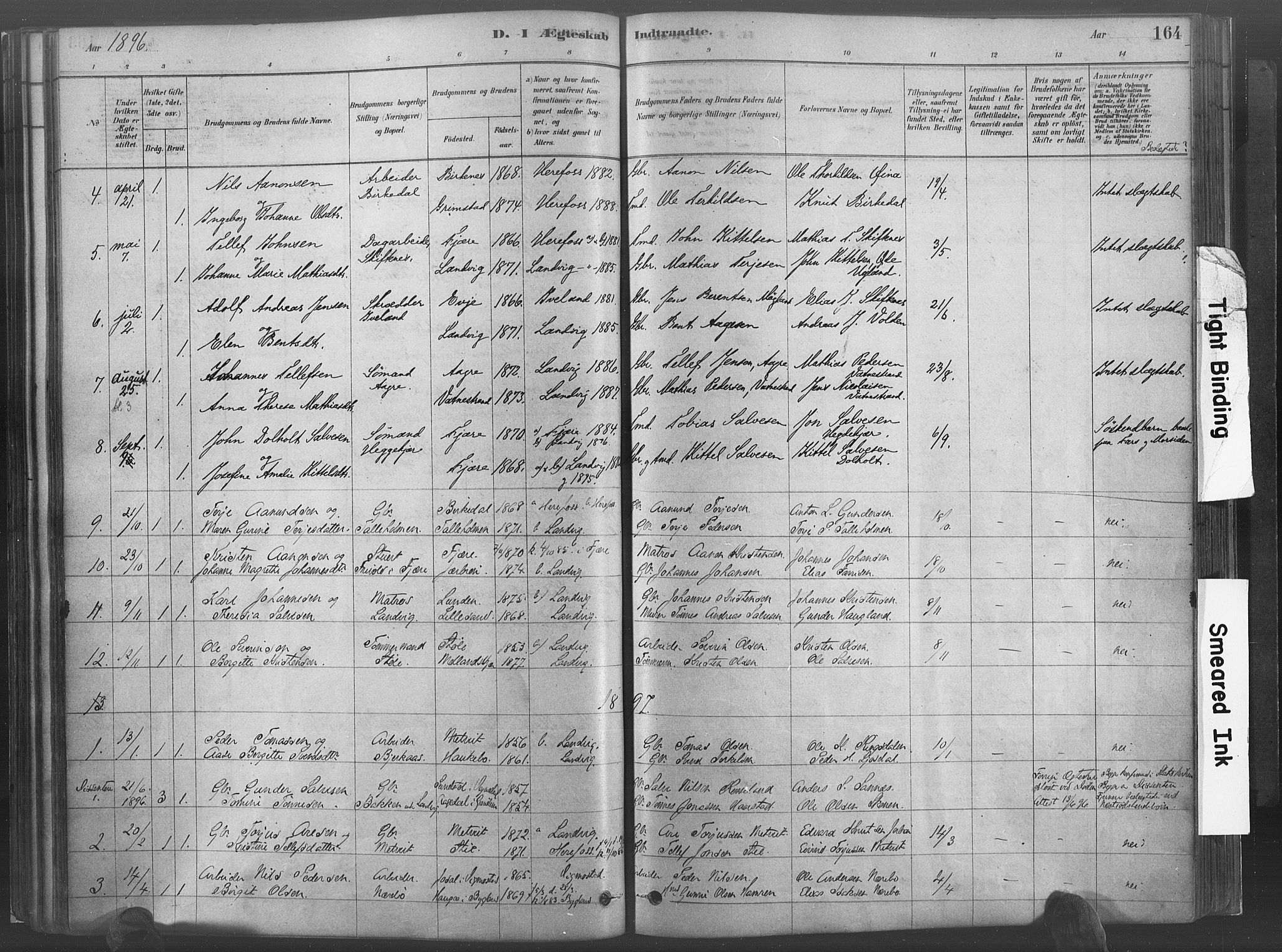 Hommedal sokneprestkontor, SAK/1111-0023/F/Fa/Fab/L0006: Parish register (official) no. A 6, 1878-1897, p. 164