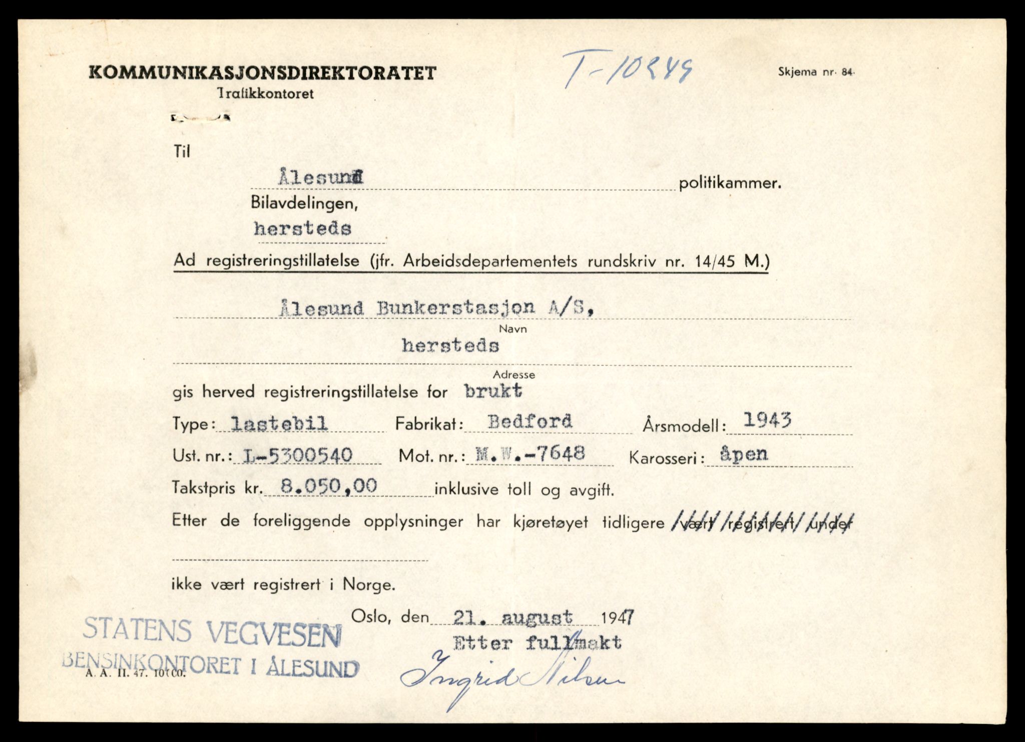 Møre og Romsdal vegkontor - Ålesund trafikkstasjon, AV/SAT-A-4099/F/Fe/L0019: Registreringskort for kjøretøy T 10228 - T 10350, 1927-1998, p. 589