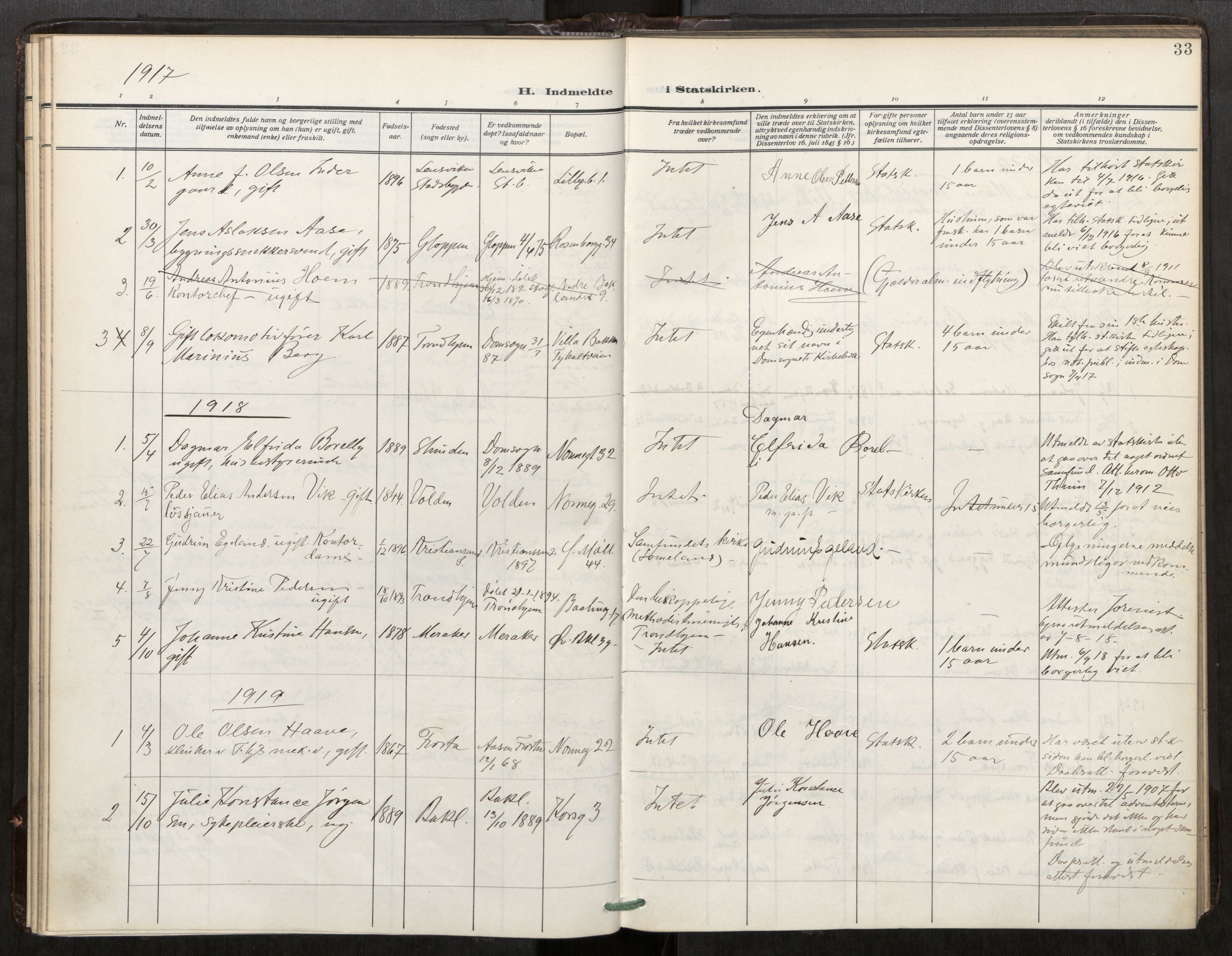 Bakklandet sokneprestkontor, SAT/A-1127: Parish register (official) no. 604A32, 1912-1919, p. 33