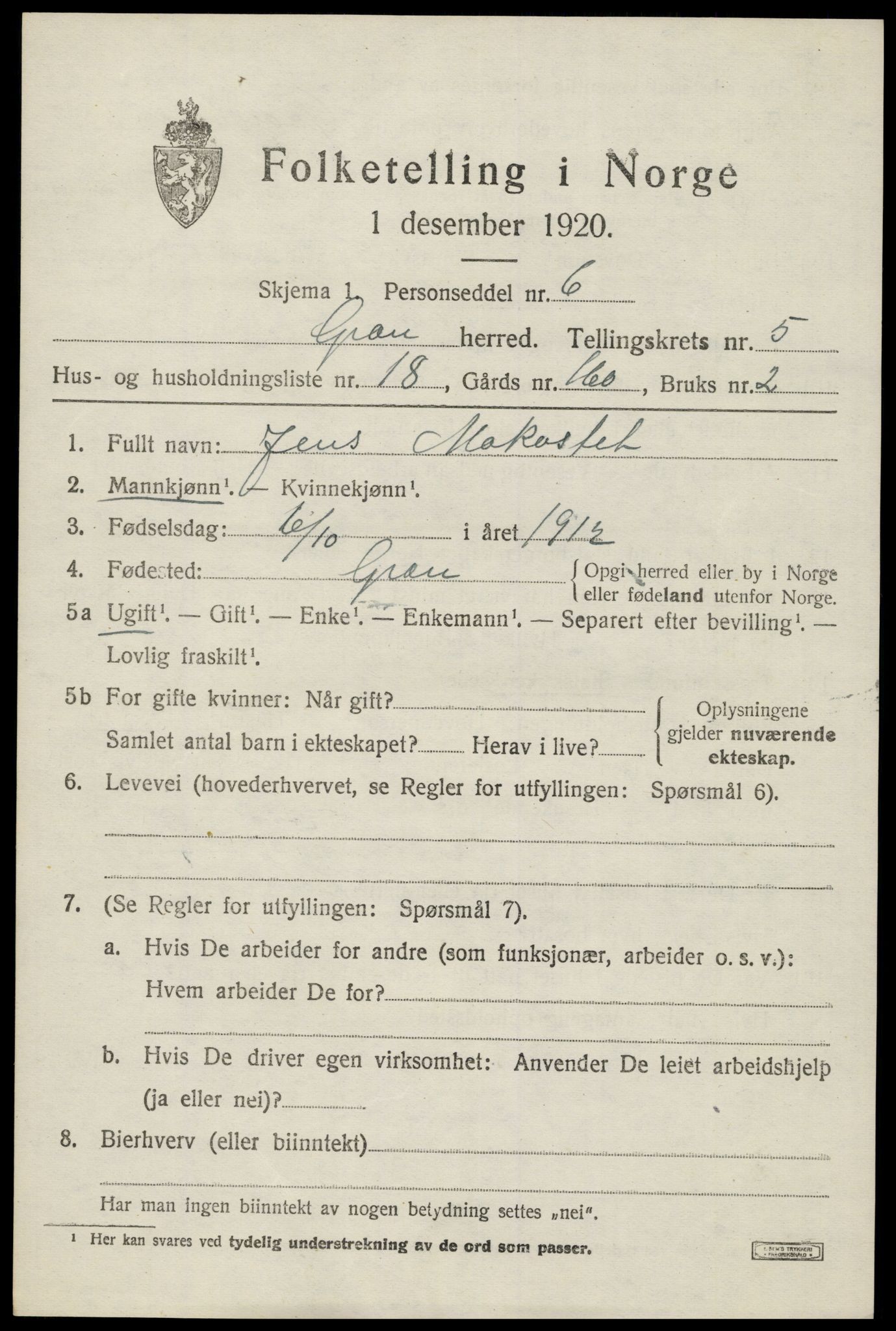 SAH, 1920 census for Gran, 1920, p. 7163