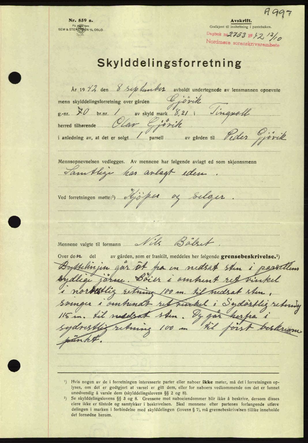 Nordmøre sorenskriveri, AV/SAT-A-4132/1/2/2Ca: Mortgage book no. A93, 1942-1942, Diary no: : 2753/1942