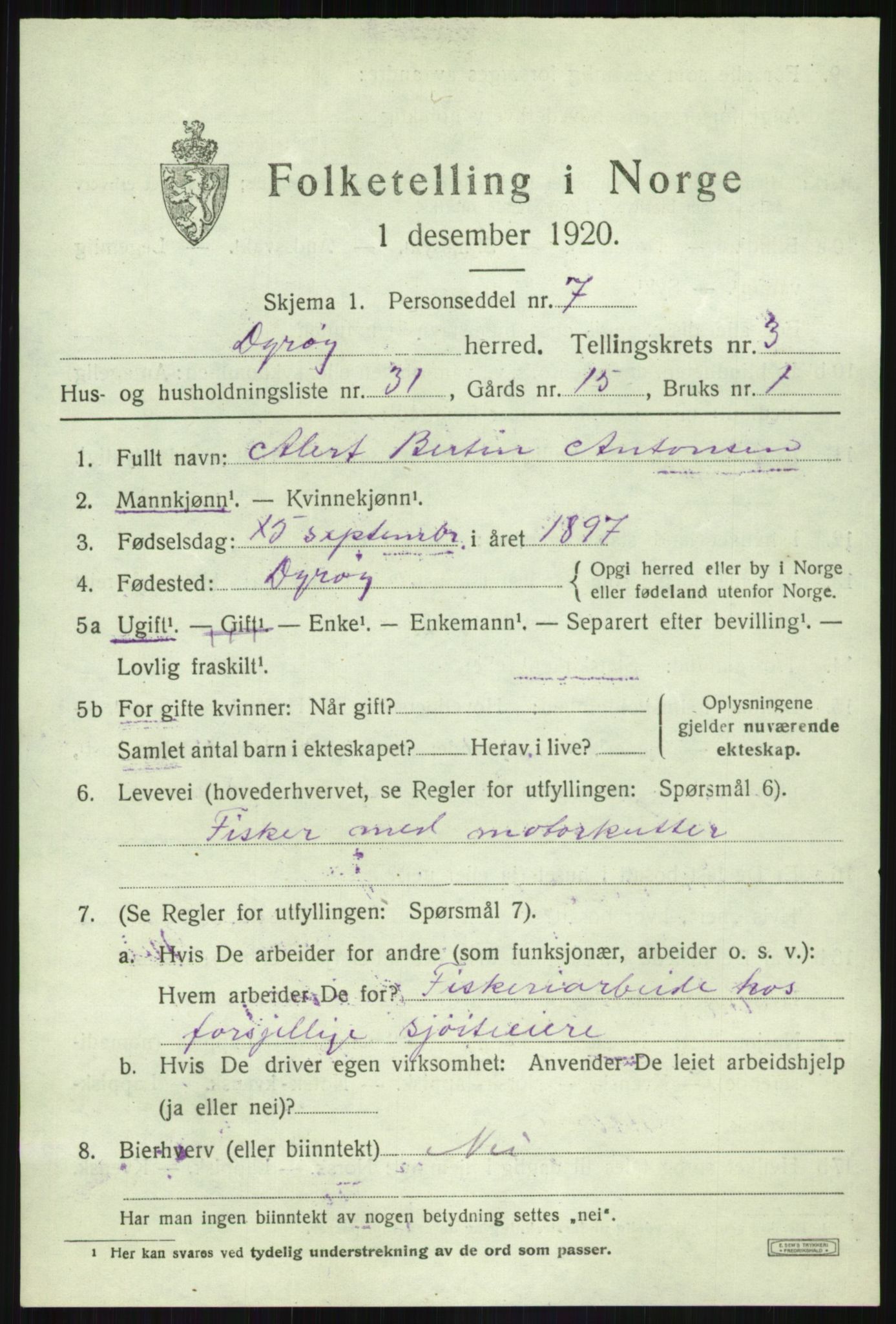 SATØ, 1920 census for Dyrøy, 1920, p. 2037