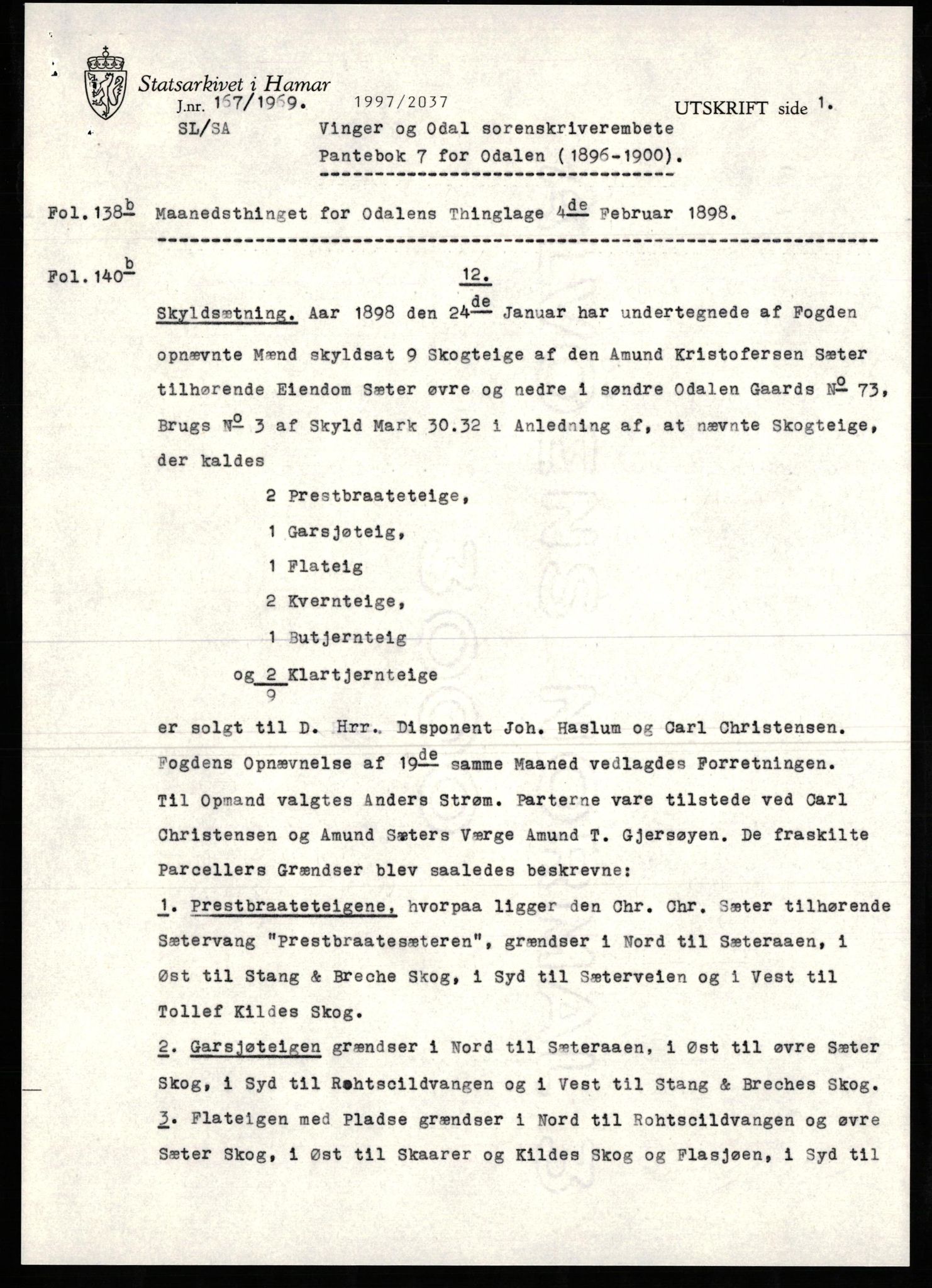 Avskriftssamlingen ved Statsarkivet i Hamar, AV/SAH-AVSKRIFT-001/H/Hu/Hua/Huab/L0007: Pantebok for Odal, 1896-1900