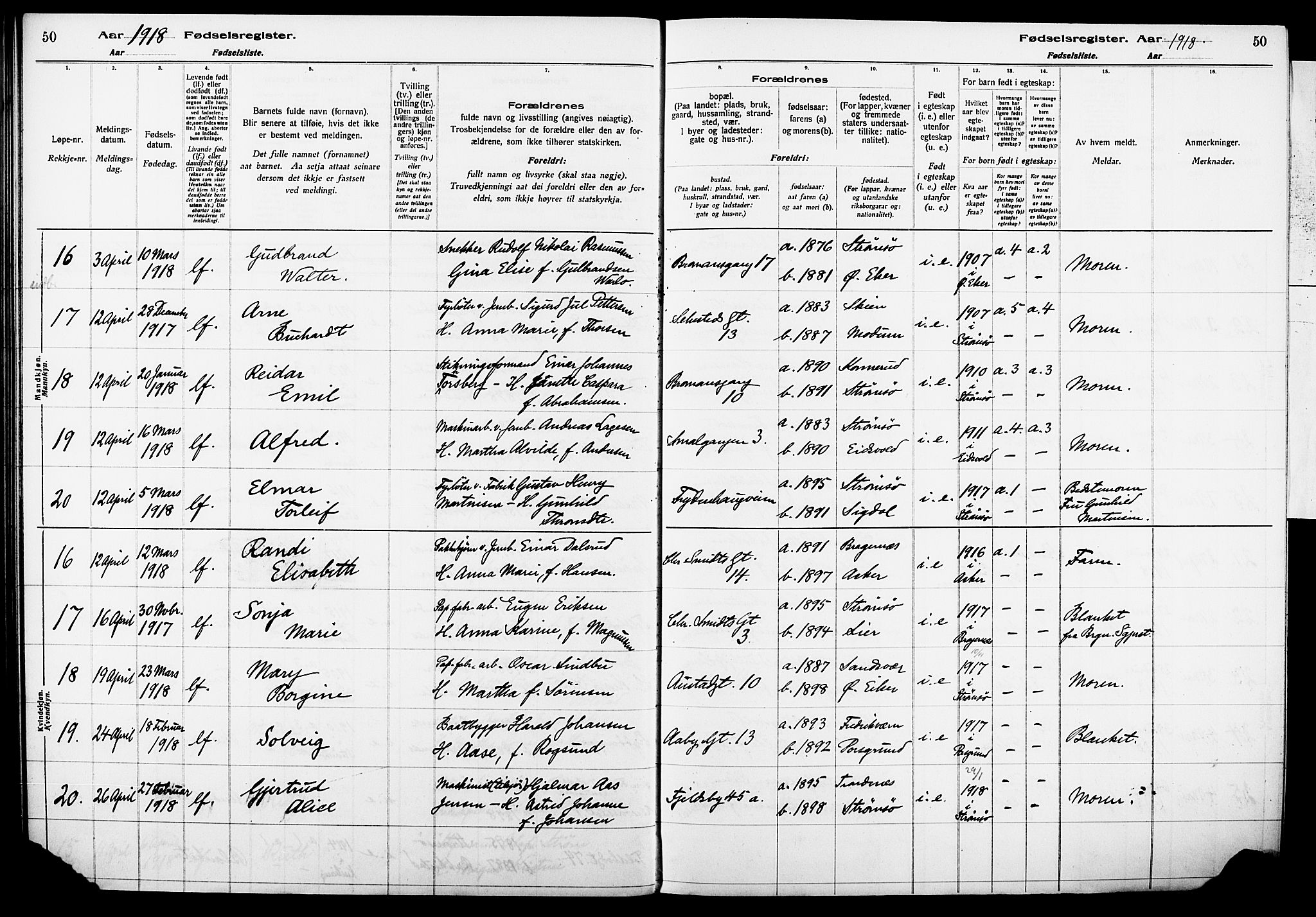 Strømsø kirkebøker, AV/SAKO-A-246/J/Ja/L0001: Birth register no. I 1, 1916-1925, p. 50