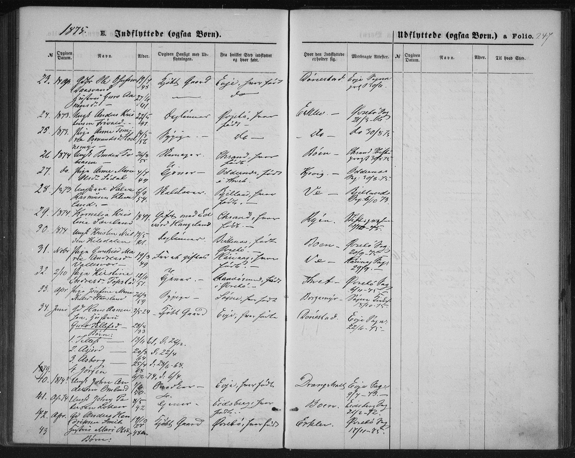 Tveit sokneprestkontor, AV/SAK-1111-0043/F/Fa/L0006: Parish register (official) no. A 6, 1872-1886, p. 247