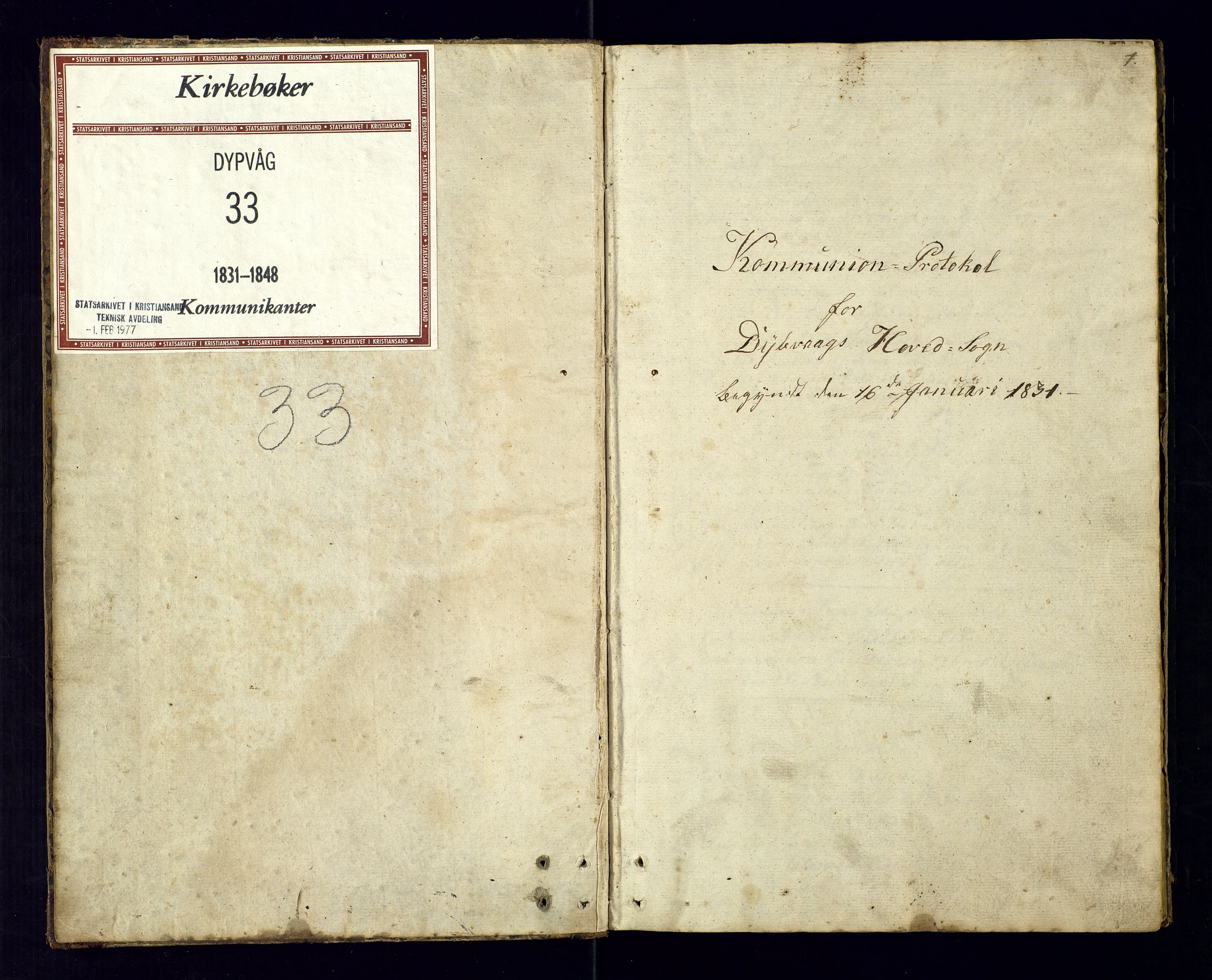 Dypvåg sokneprestkontor, SAK/1111-0007/F/Fc/Fca/L0002: Communicants register no. C-2, 1831-1848, p. 1