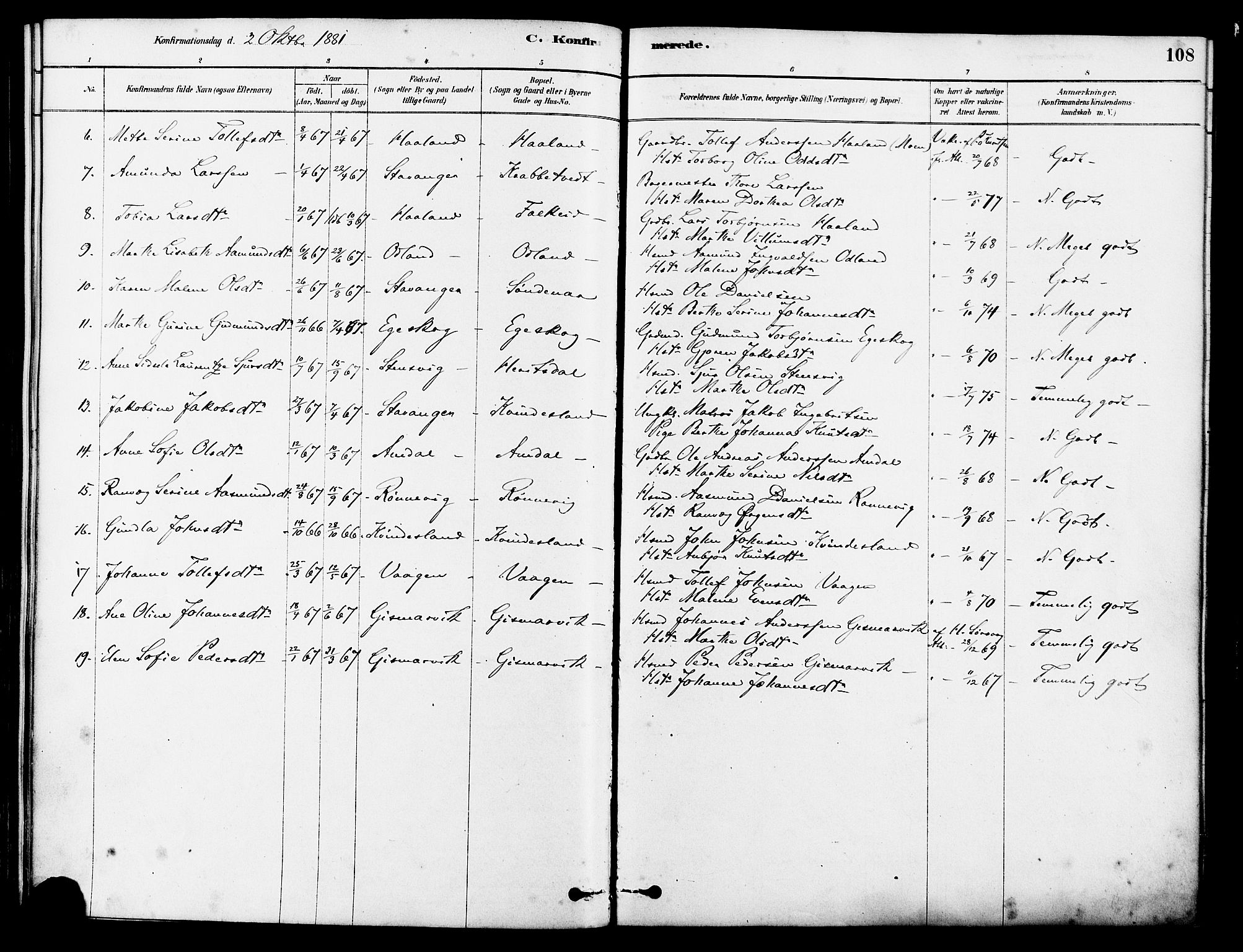 Tysvær sokneprestkontor, SAST/A -101864/H/Ha/Haa/L0006: Parish register (official) no. A 6, 1878-1896, p. 108
