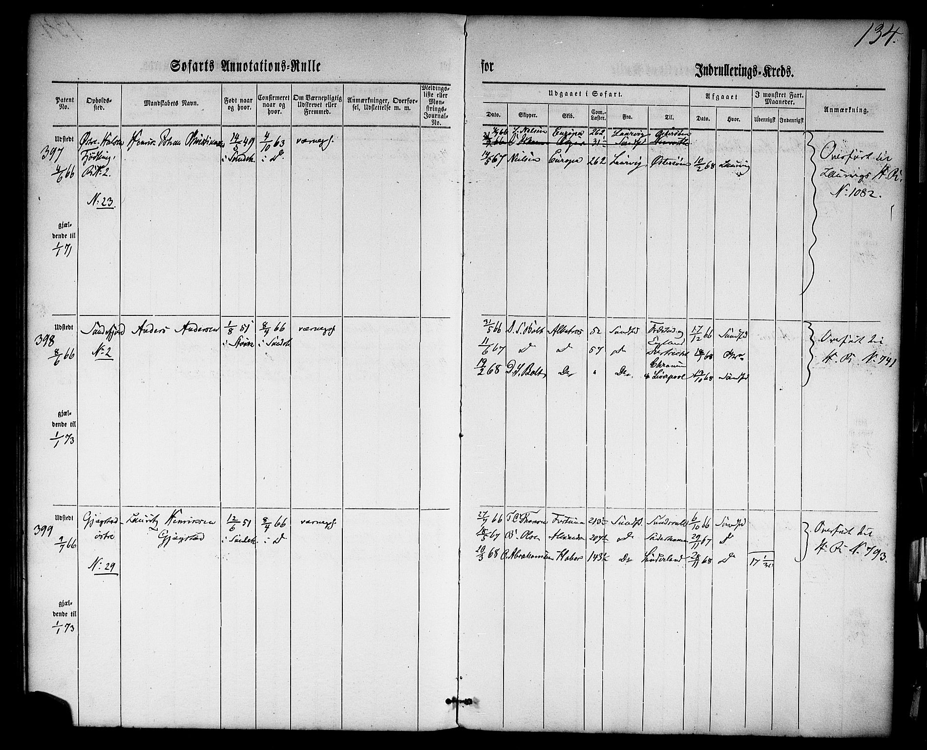 Sandefjord innrulleringskontor, AV/SAKO-A-788/F/Fa/L0001: Annotasjonsrulle, 1860-1868, p. 158