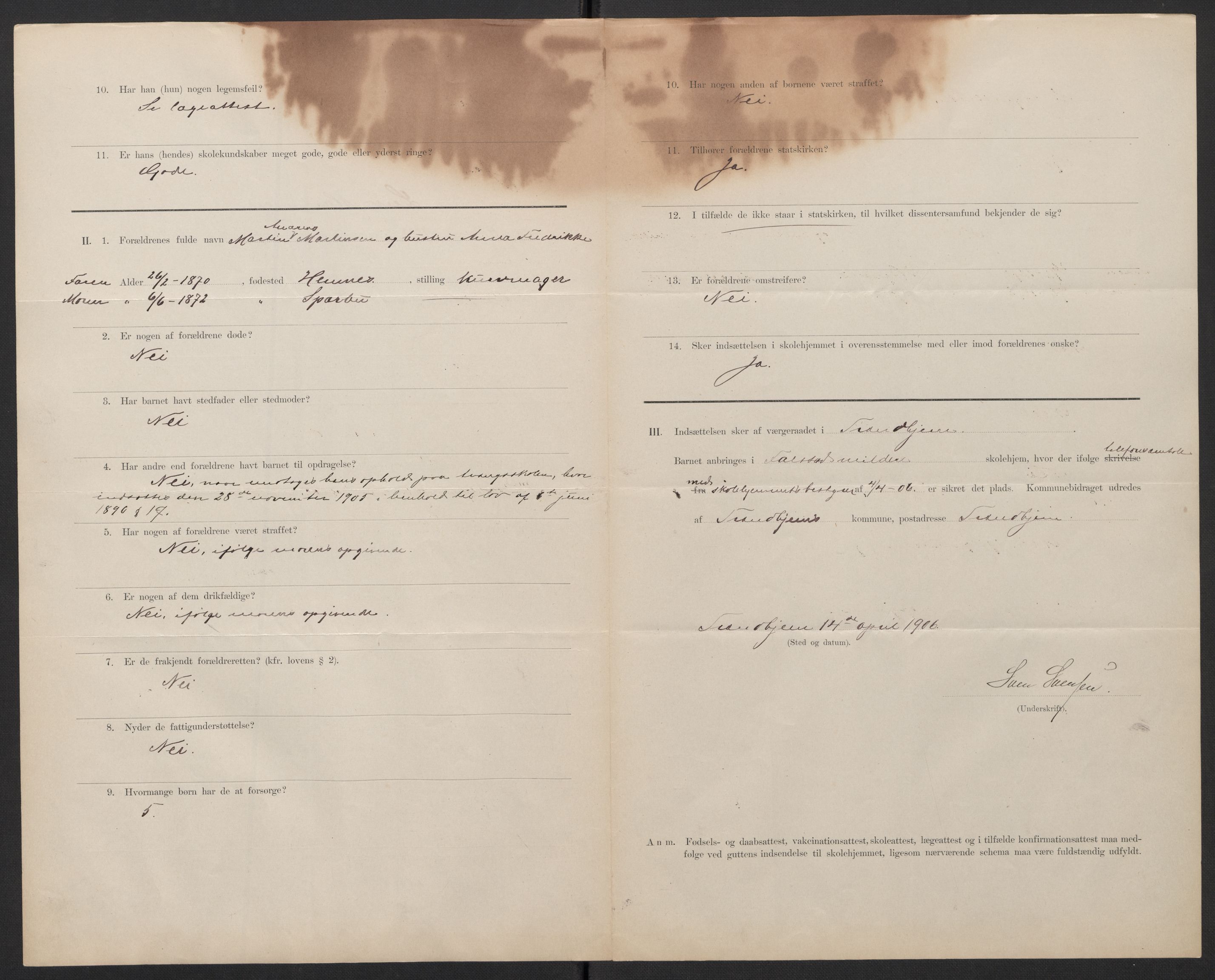 Falstad skolehjem, AV/RA-S-1676/E/Eb/L0007: Elevmapper løpenr. 146-168, 1905-1911, p. 33