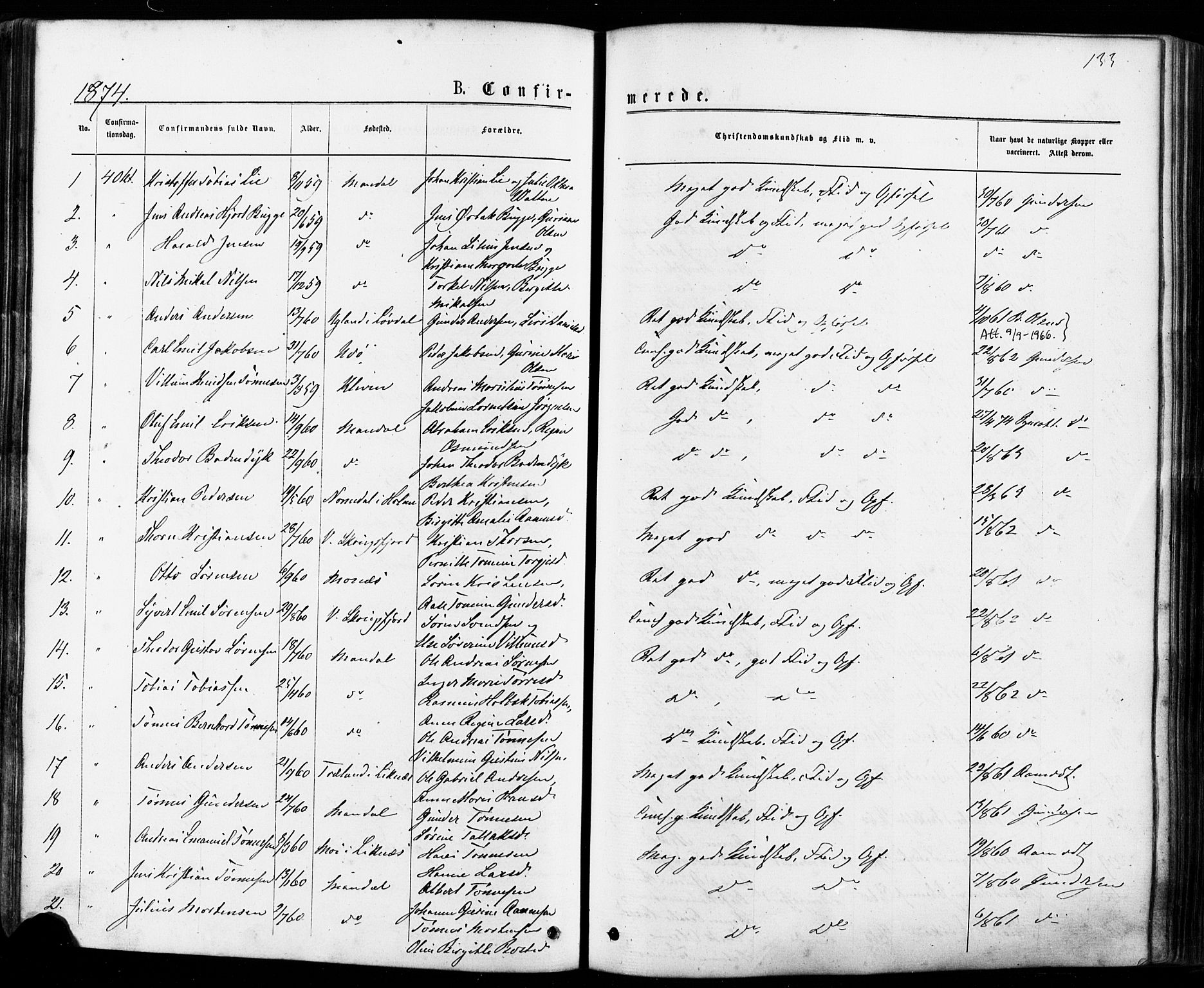 Mandal sokneprestkontor, AV/SAK-1111-0030/F/Fa/Faa/L0015: Parish register (official) no. A 15, 1873-1879, p. 133