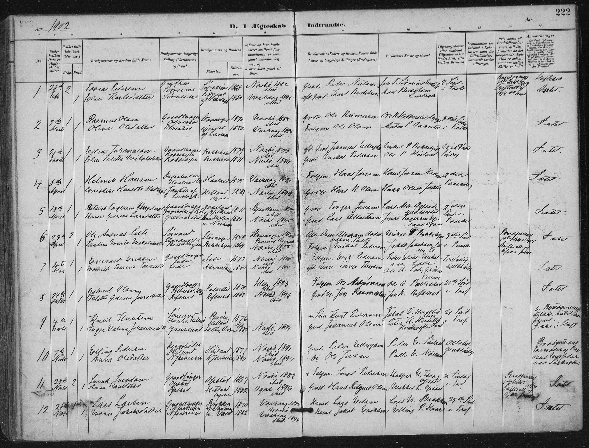 Hå sokneprestkontor, SAST/A-101801/002/B/L0001: Parish register (official) no. A 11, 1897-1924, p. 222