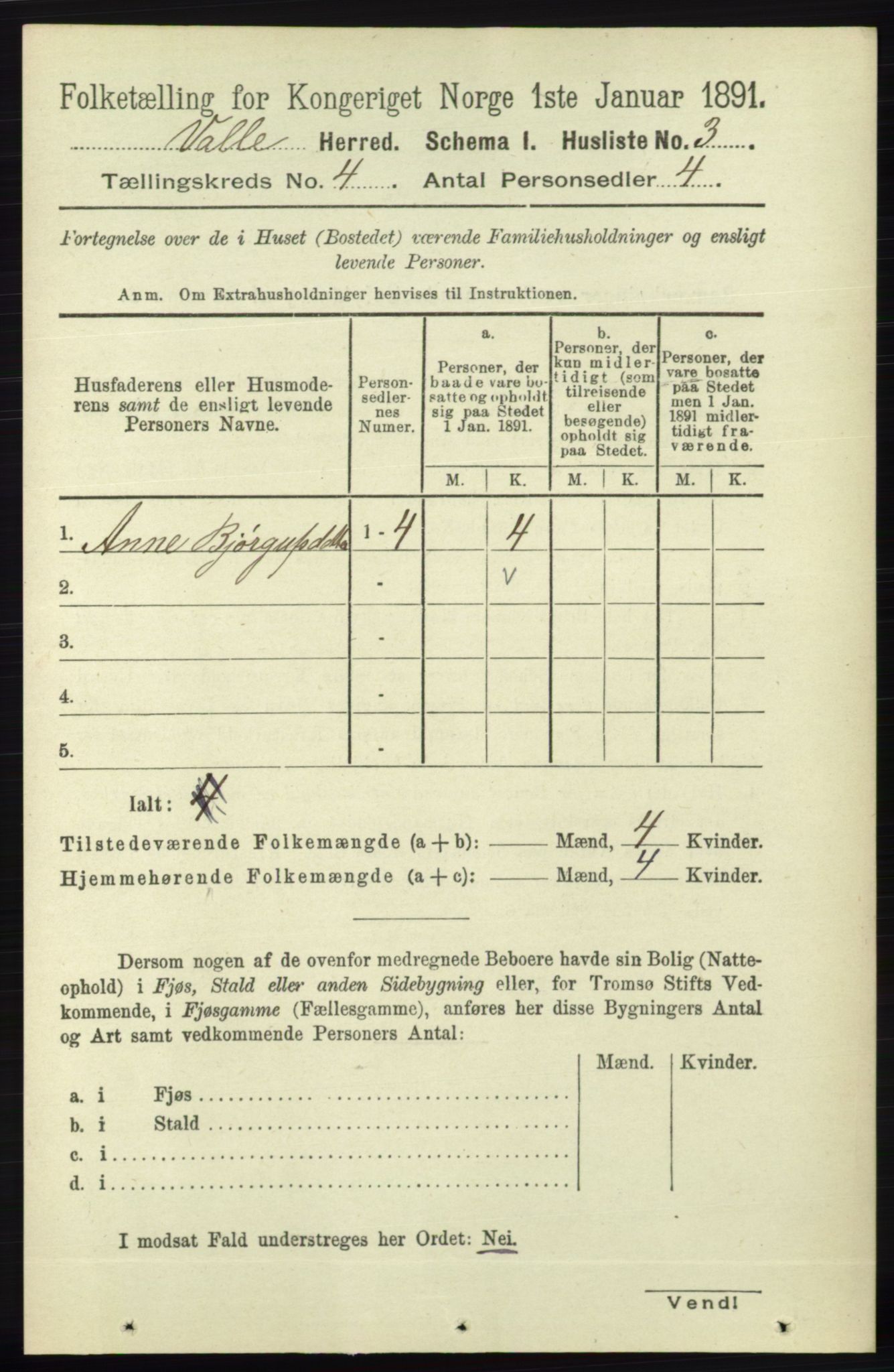 RA, 1891 census for 0940 Valle, 1891, p. 954