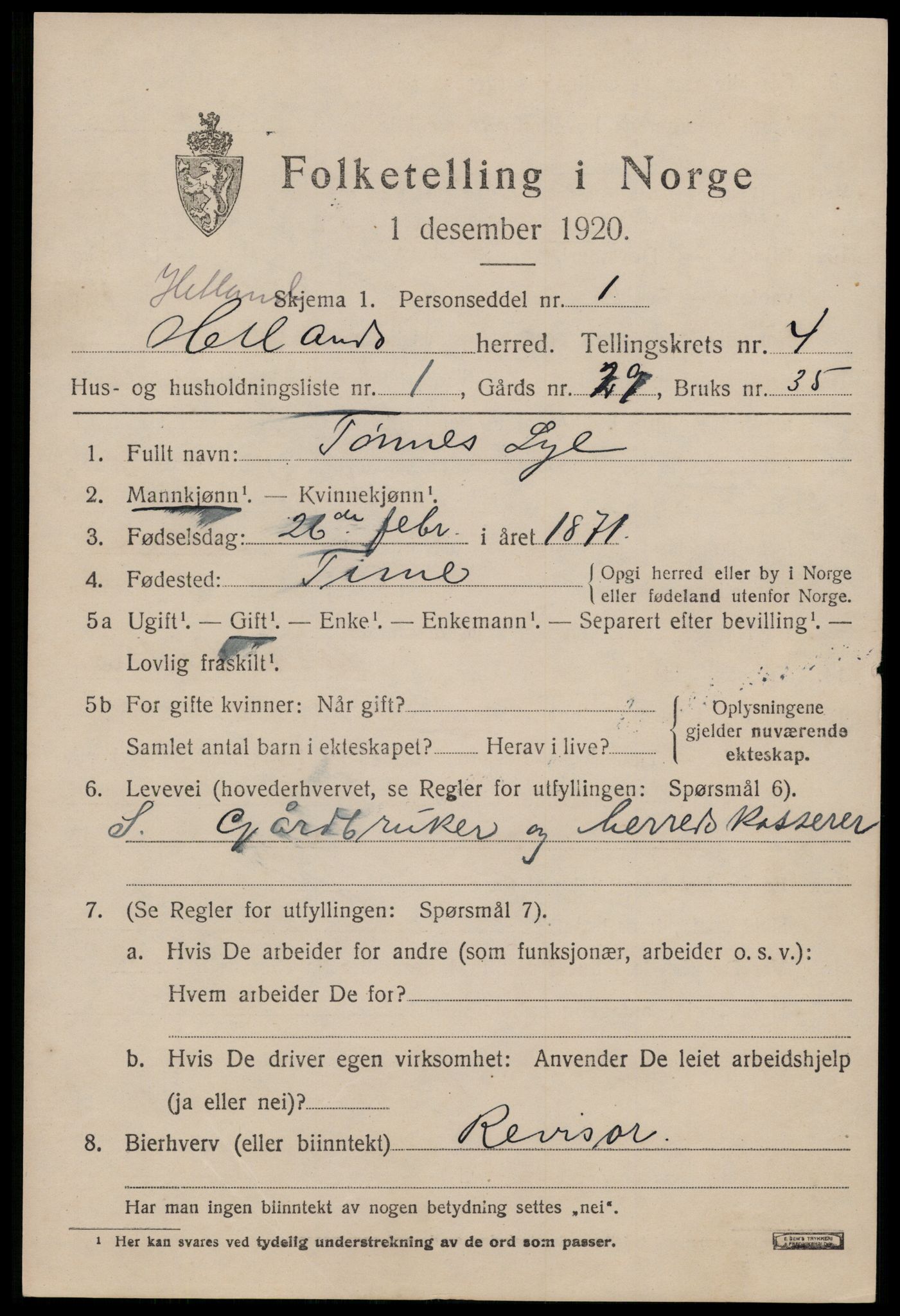 SAST, 1920 census for Hetland, 1920, p. 6259