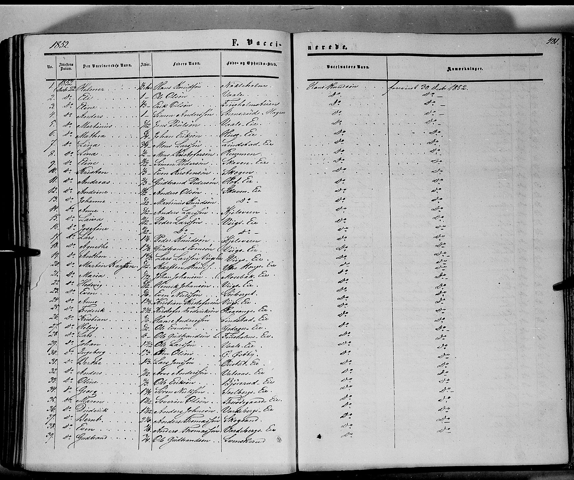 Stange prestekontor, SAH/PREST-002/K/L0012: Parish register (official) no. 12, 1852-1862, p. 481