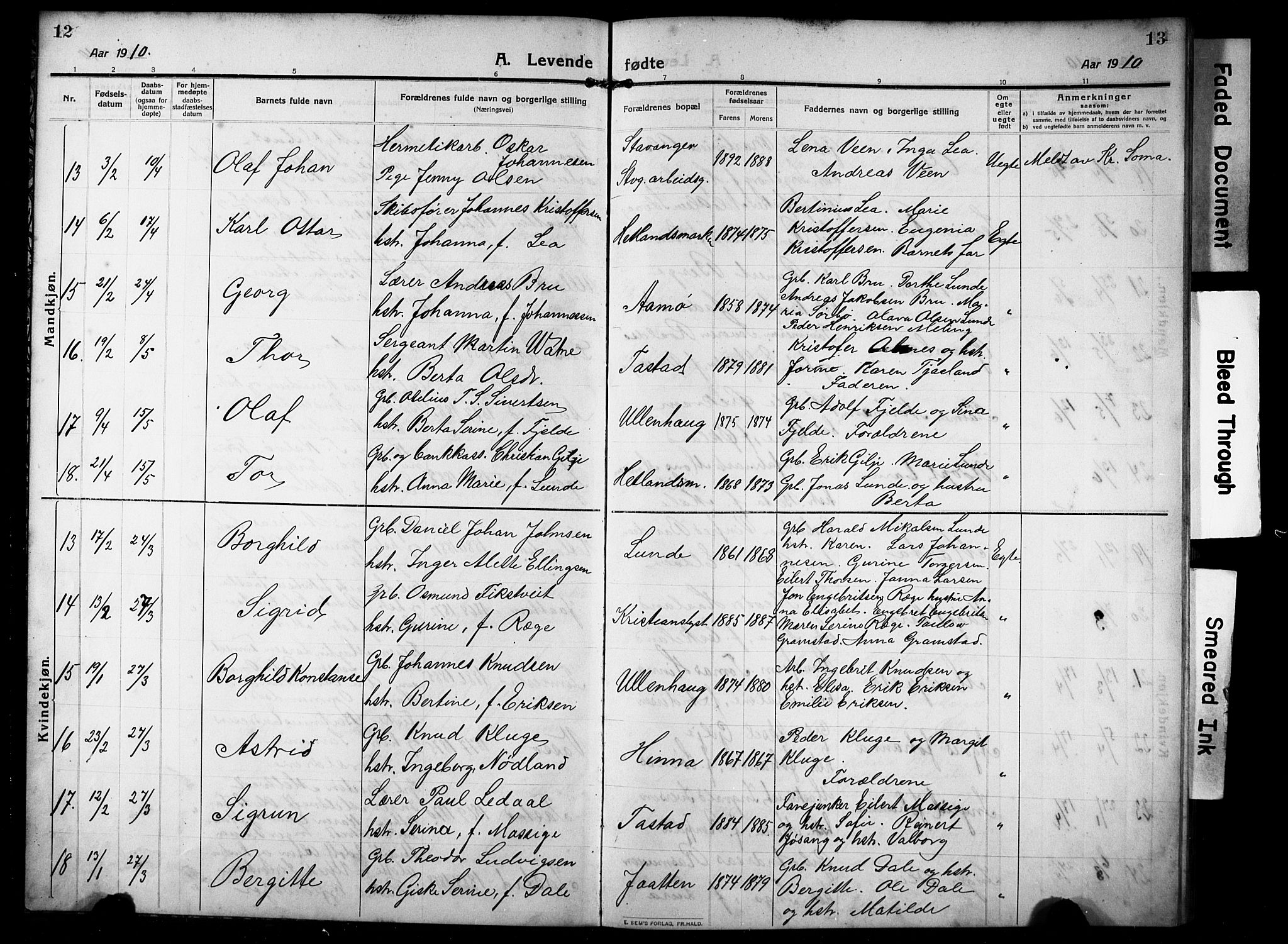 Hetland sokneprestkontor, SAST/A-101826/30/30BB/L0008: Parish register (copy) no. B 8, 1910-1921, p. 12-13