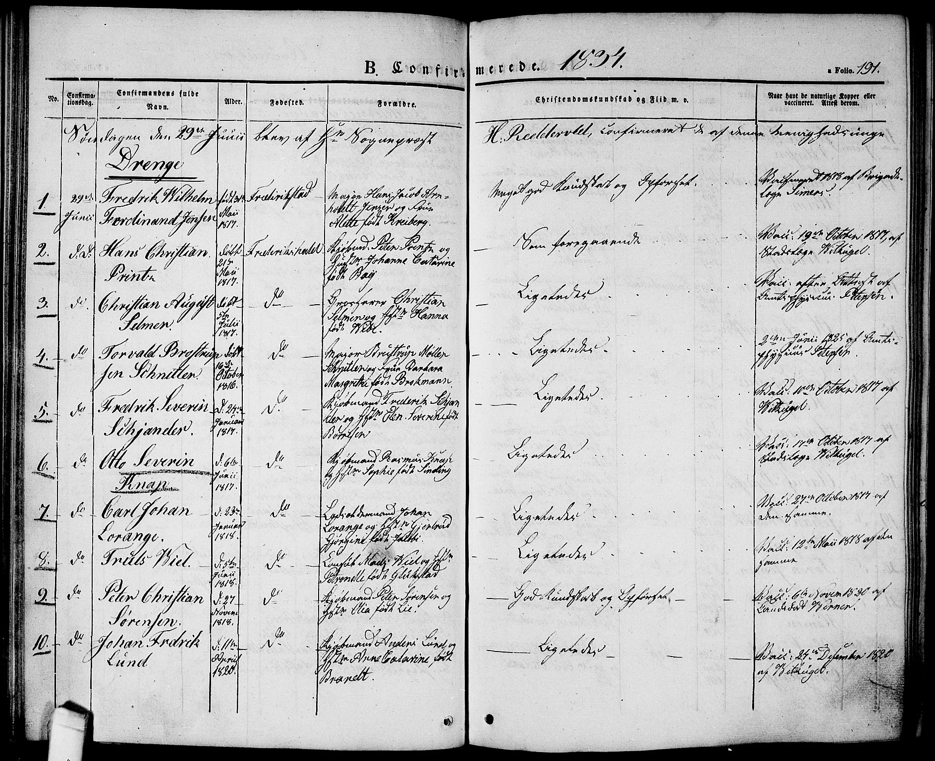 Halden prestekontor Kirkebøker, SAO/A-10909/G/Ga/L0003: Parish register (copy) no. 3, 1834-1844, p. 191