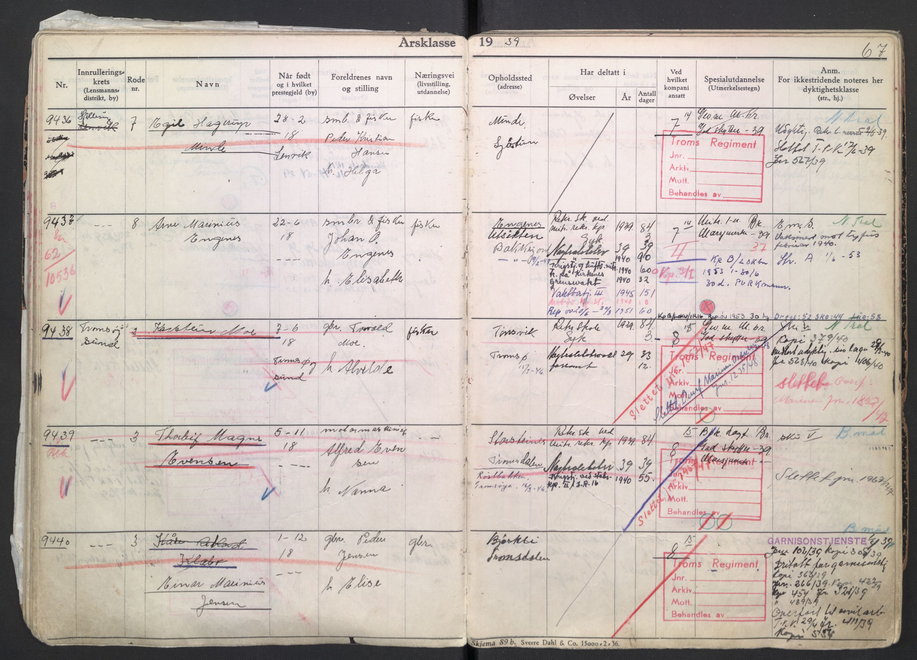 Forsvaret, Troms infanteriregiment nr. 16, AV/RA-RAFA-3146/P/Pa/L0007/0004: Ruller / Rulle for regimentets menige mannskaper, årsklasse 1939, 1939, p. 67