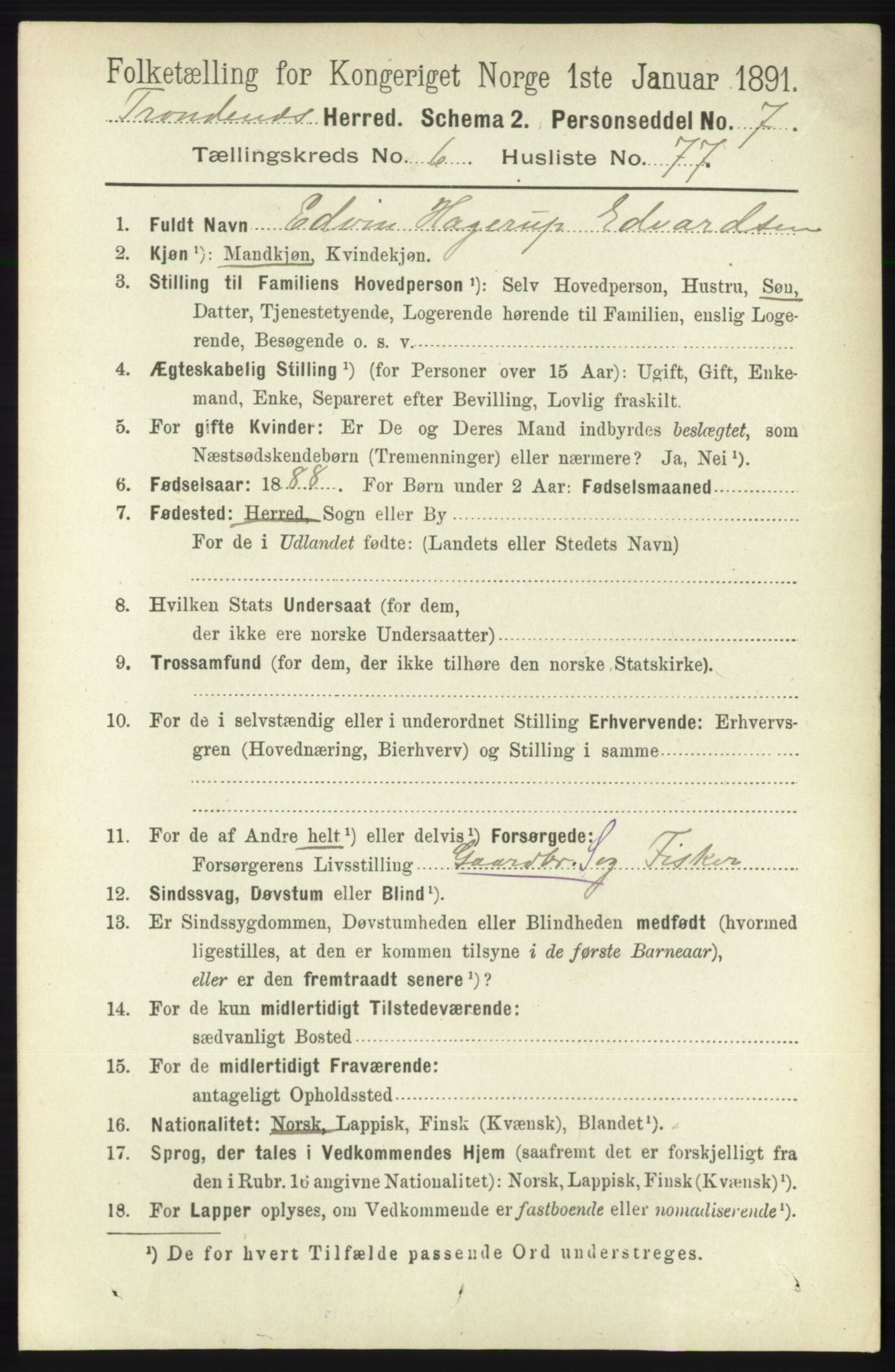 RA, 1891 census for 1914 Trondenes, 1891, p. 4318