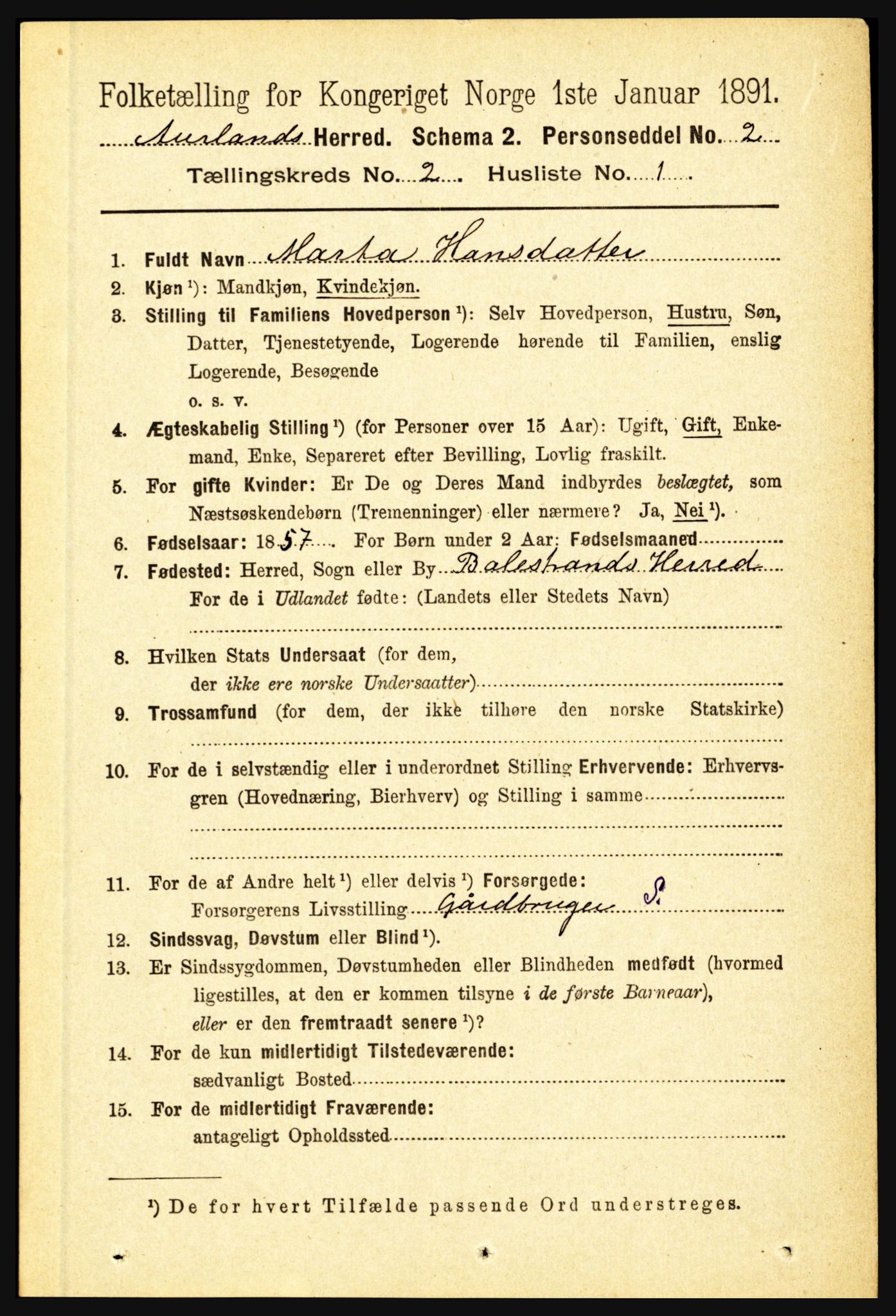 RA, 1891 census for 1421 Aurland, 1891, p. 488