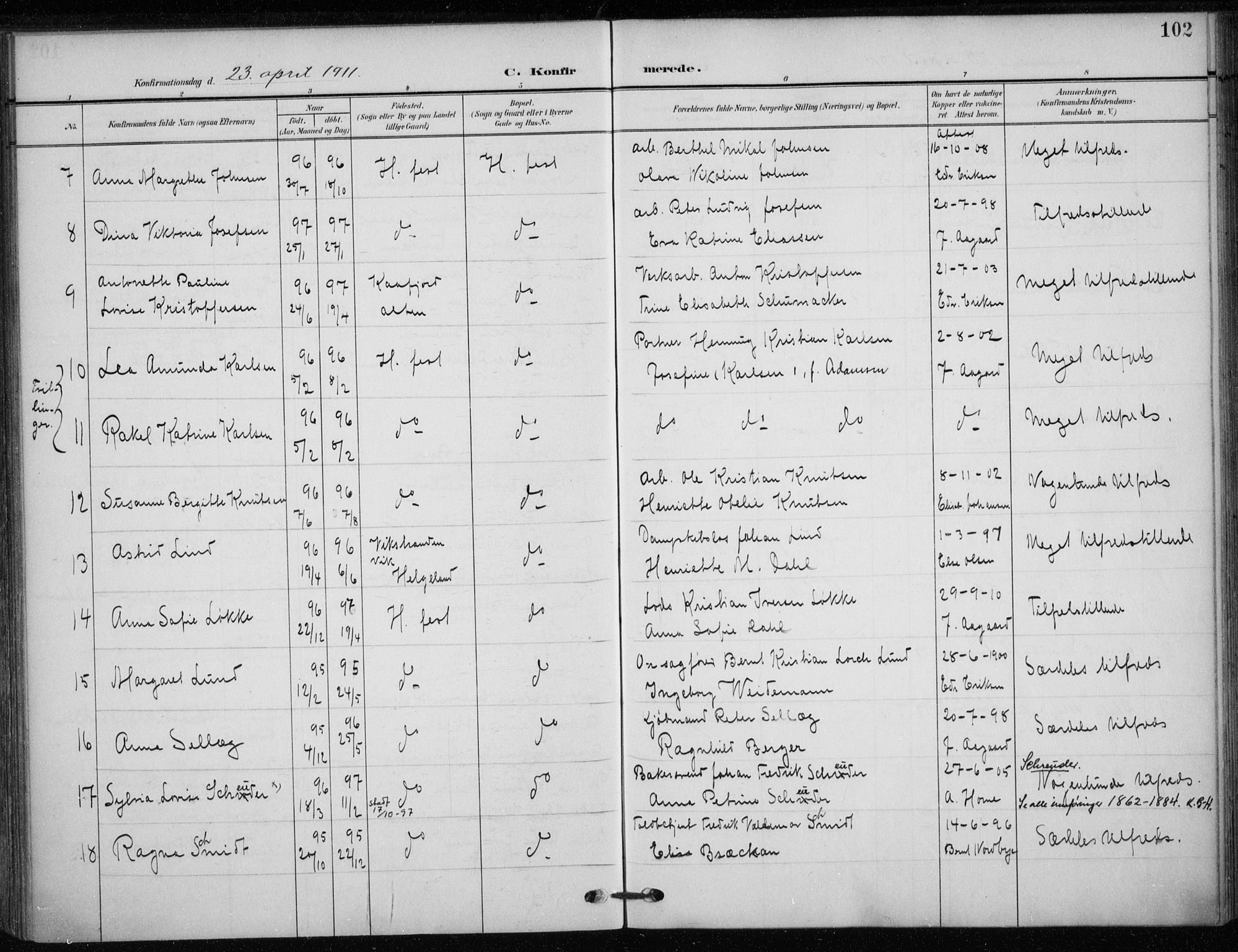 Hammerfest sokneprestkontor, AV/SATØ-S-1347/H/Ha/L0014.kirke: Parish register (official) no. 14, 1906-1916, p. 102